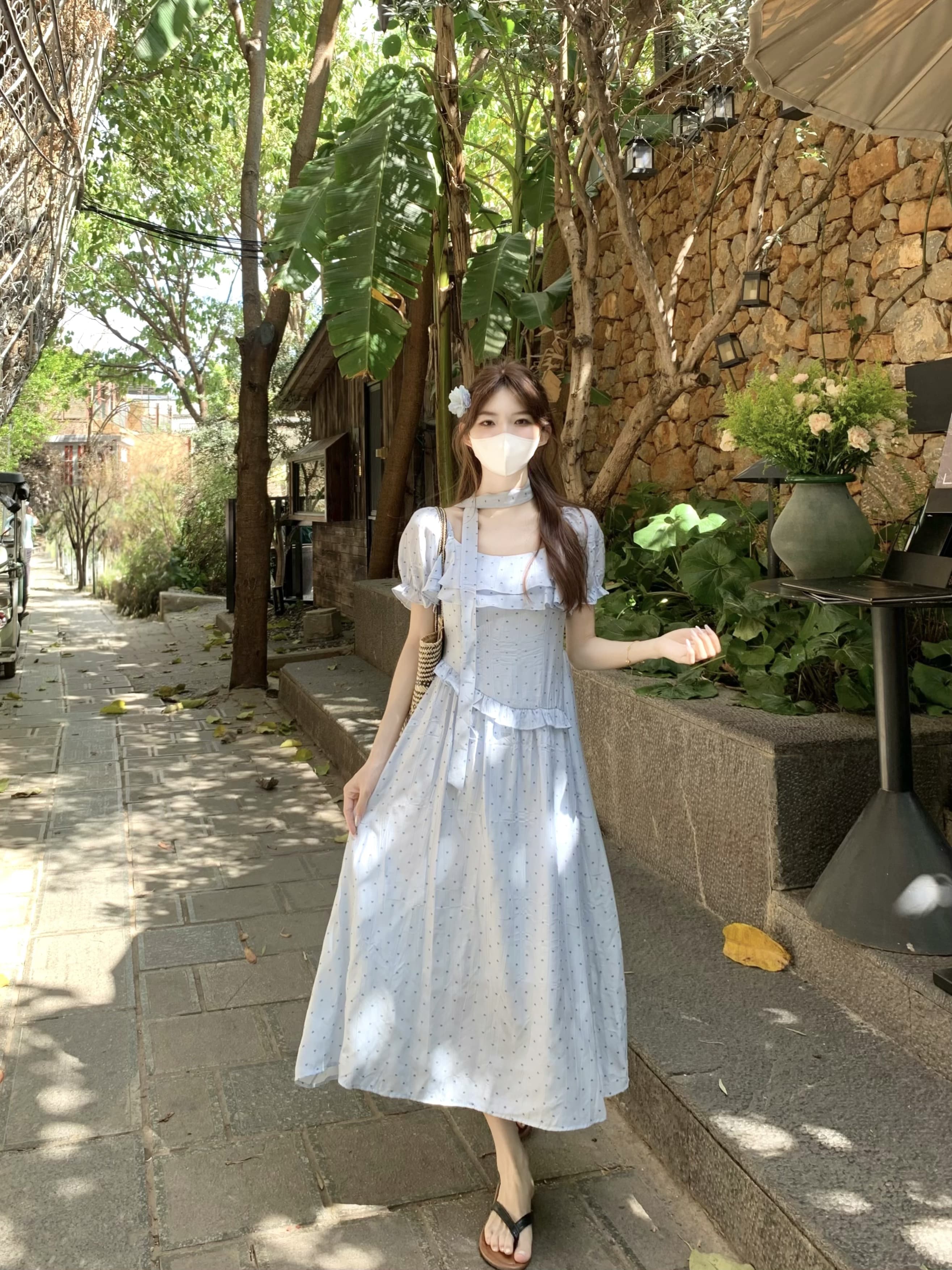 실사 정가 한국 스타일 도트 무늬 슈퍼 요정 소녀 센스 품격 허리 수축 중간 길이 드레스 상세 이미지 10