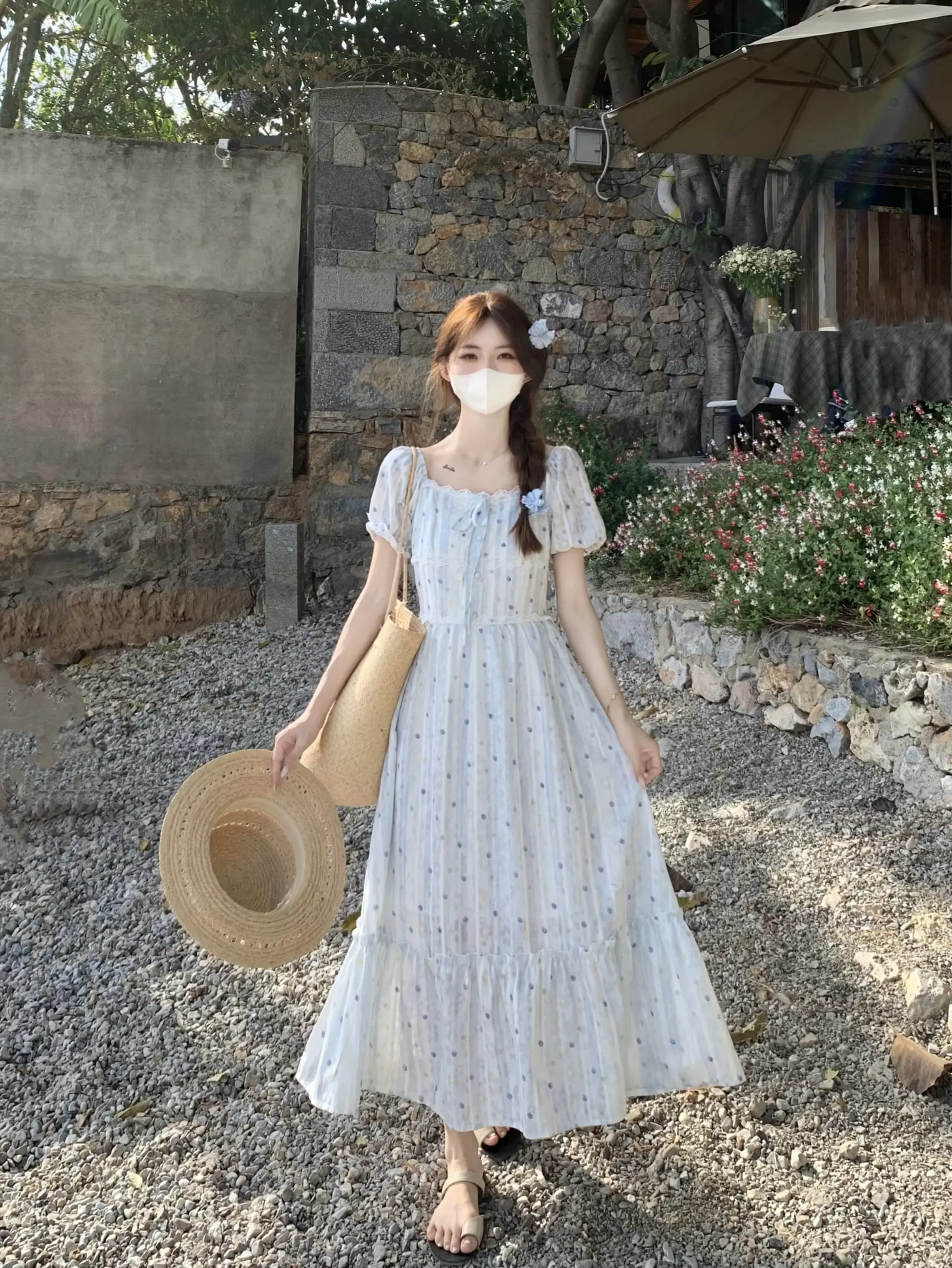 실사 정가 프랑스식 부드러운 바람 광장 칼라 도트 무늬 드레스 허리 수축 슬림해 보이는 품격 롱 스커트 이미지 3