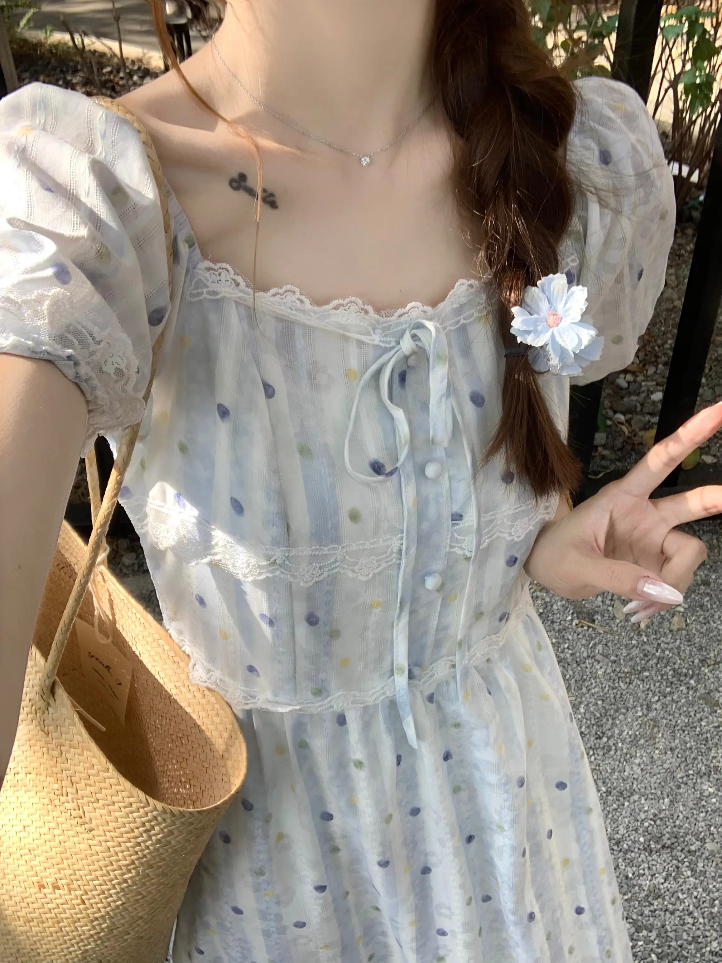 실사 정가 프랑스식 부드러운 바람 광장 칼라 도트 무늬 드레스 허리 수축 슬림해 보이는 품격 롱 스커트 상세 이미지 8