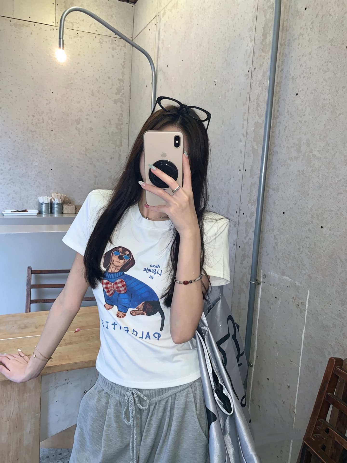 실사 정가 여름 아메리칸 재미있는 개 프린트 라운드 넥타이 어깨 패드 반팔 티셔츠 몸매 가꾸기 슬림해 보이는 맨위 상세 이미지 8