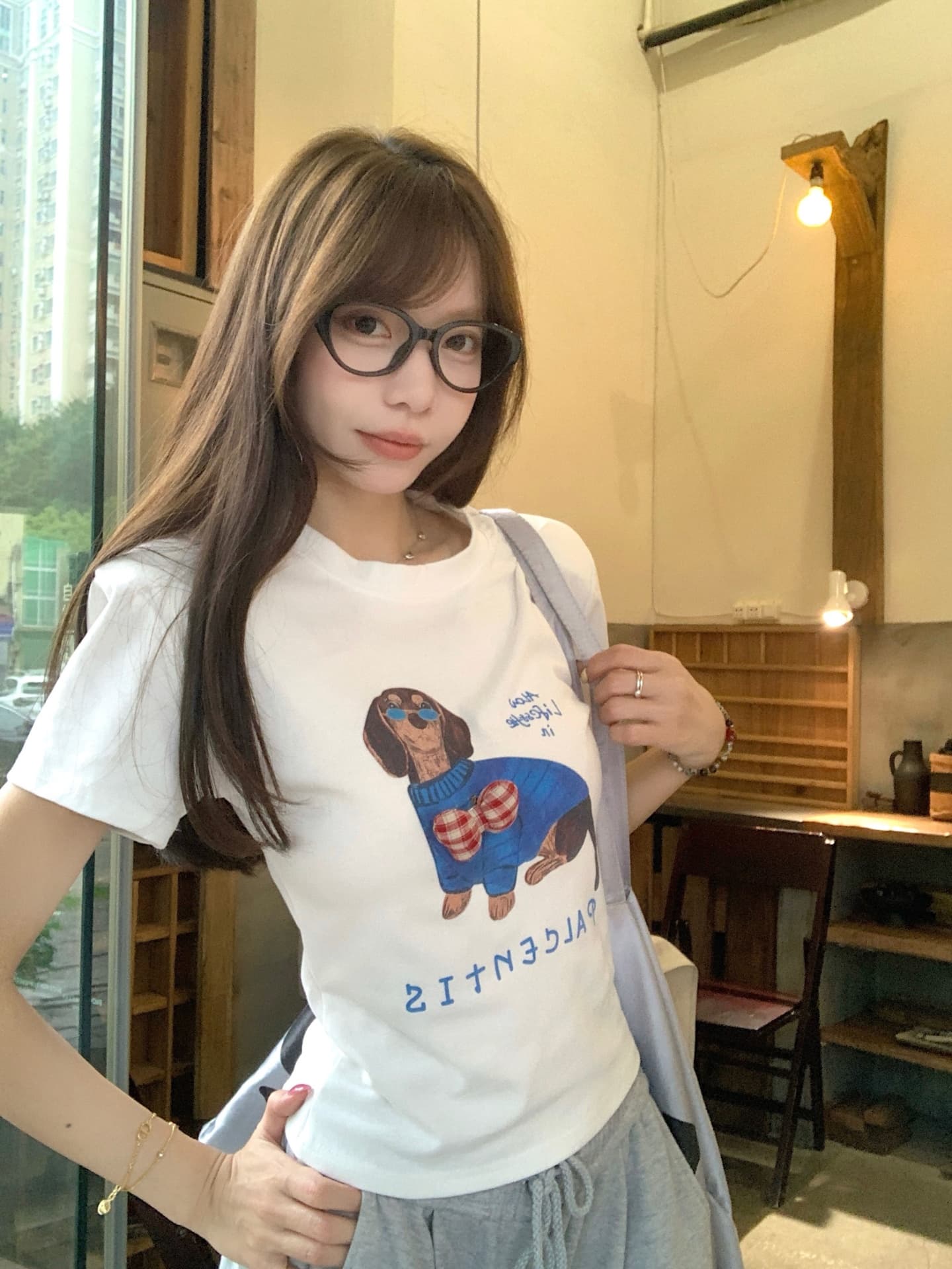 실사 정가 여름 아메리칸 재미있는 개 프린트 라운드 넥타이 어깨 패드 반팔 티셔츠 몸매 가꾸기 슬림해 보이는 맨위 상세 이미지 11