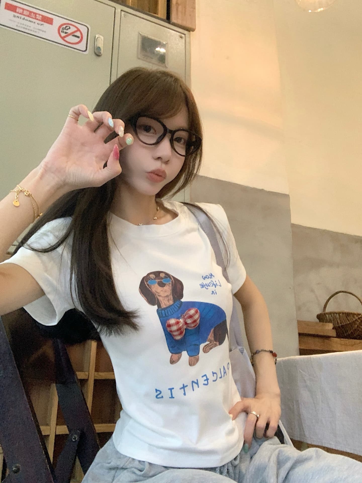 실사 정가 여름 아메리칸 재미있는 개 프린트 라운드 넥타이 어깨 패드 반팔 티셔츠 몸매 가꾸기 슬림해 보이는 맨위 상세 이미지 12