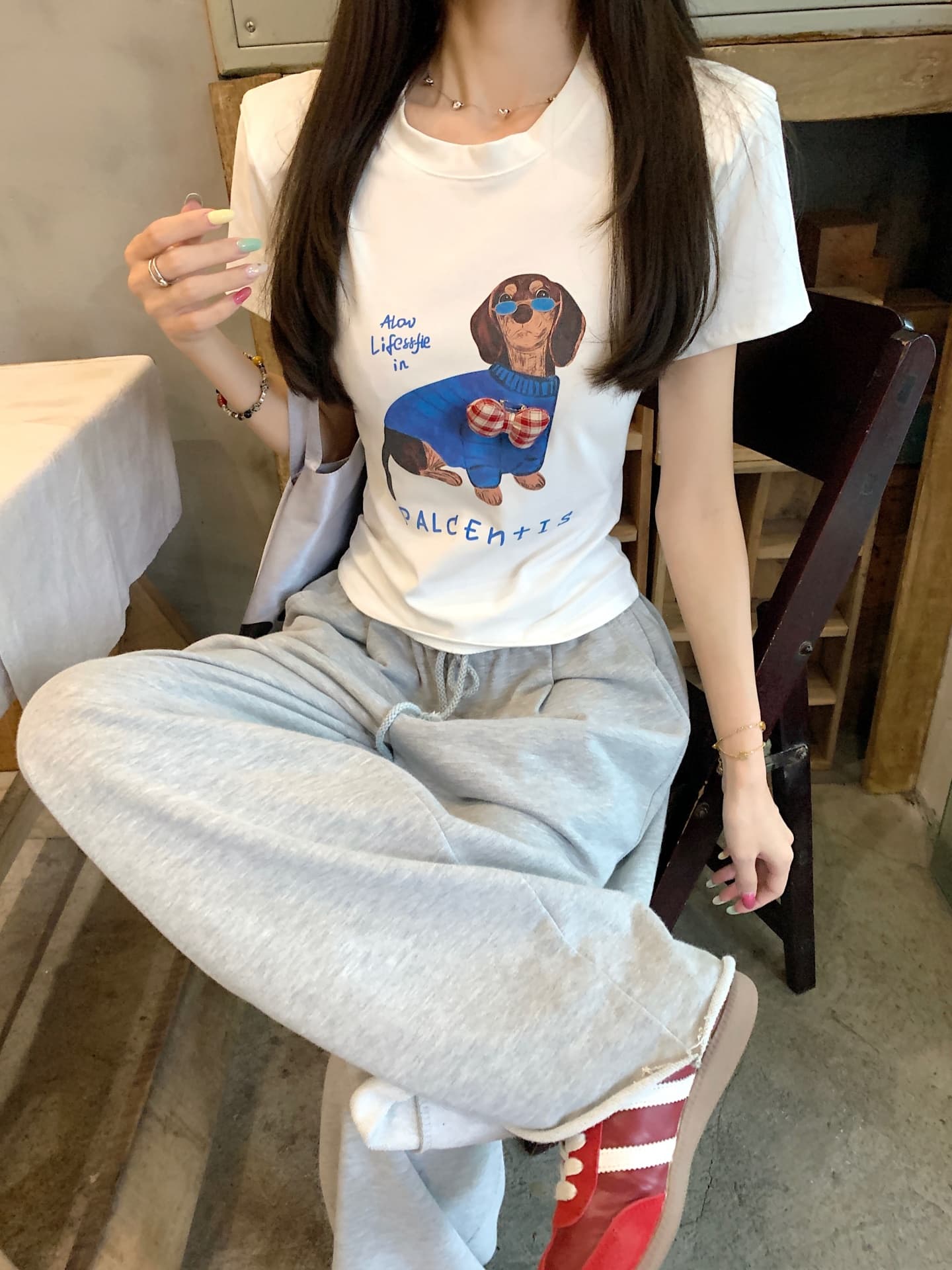 실사 정가 여름 아메리칸 재미있는 개 프린트 라운드 넥타이 어깨 패드 반팔 티셔츠 몸매 가꾸기 슬림해 보이는 맨위 상세 이미지 14