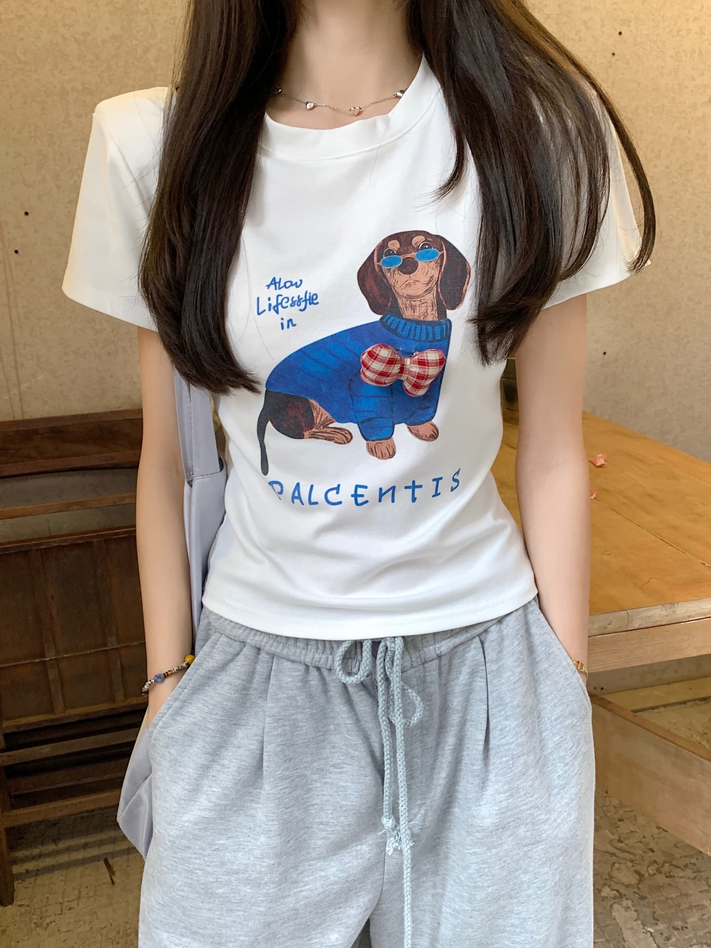 실사 정가 여름 아메리칸 재미있는 개 프린트 라운드 넥타이 어깨 패드 반팔 티셔츠 몸매 가꾸기 슬림해 보이는 맨위 상세 이미지 15