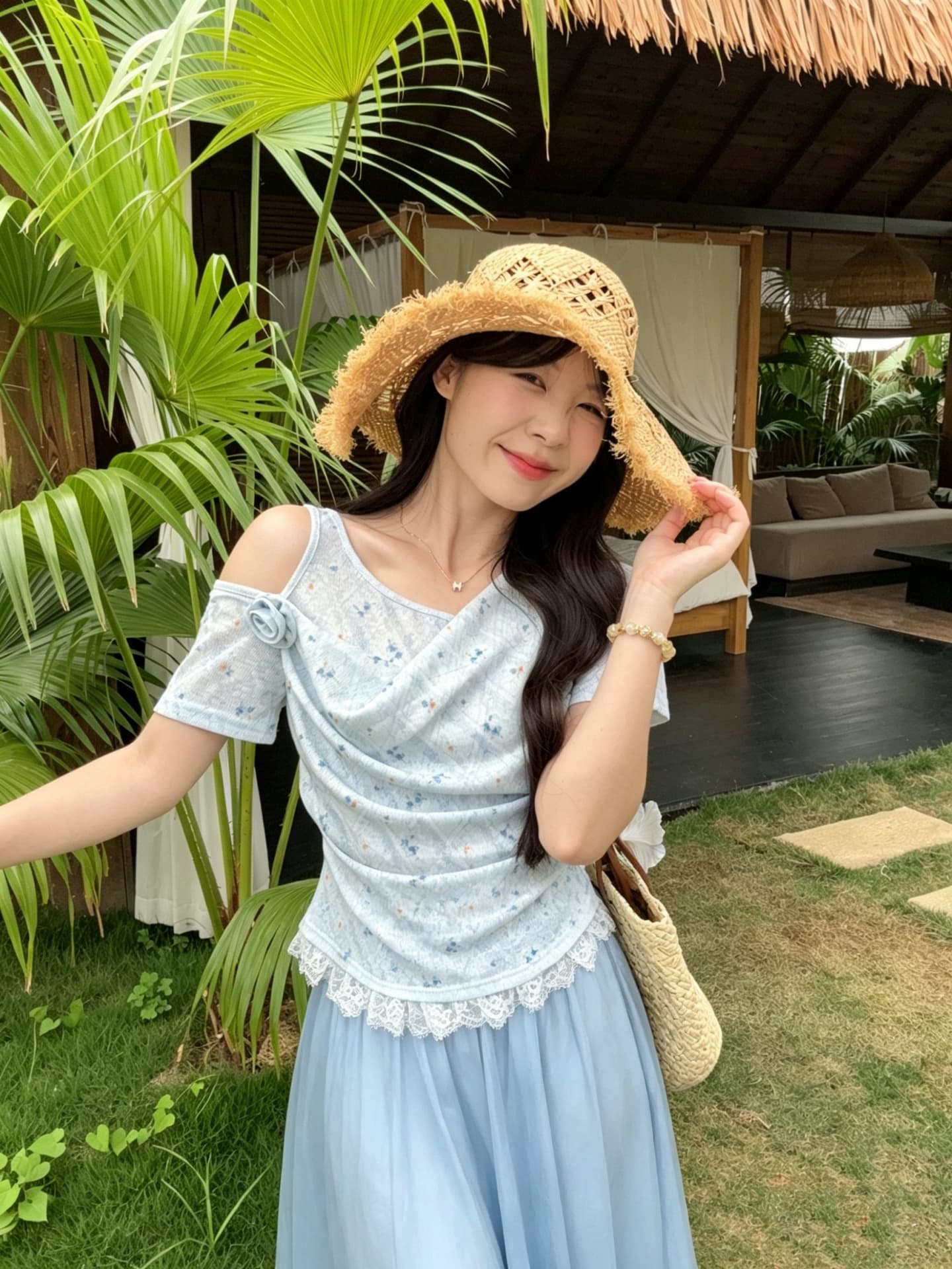 실사 정가 디자인 센스 페이크 레이어드 오프숄더 반팔 다용도 연령 감소 레이스 레이스 맨위 반신 스커트 두 조각 상세 이미지 4