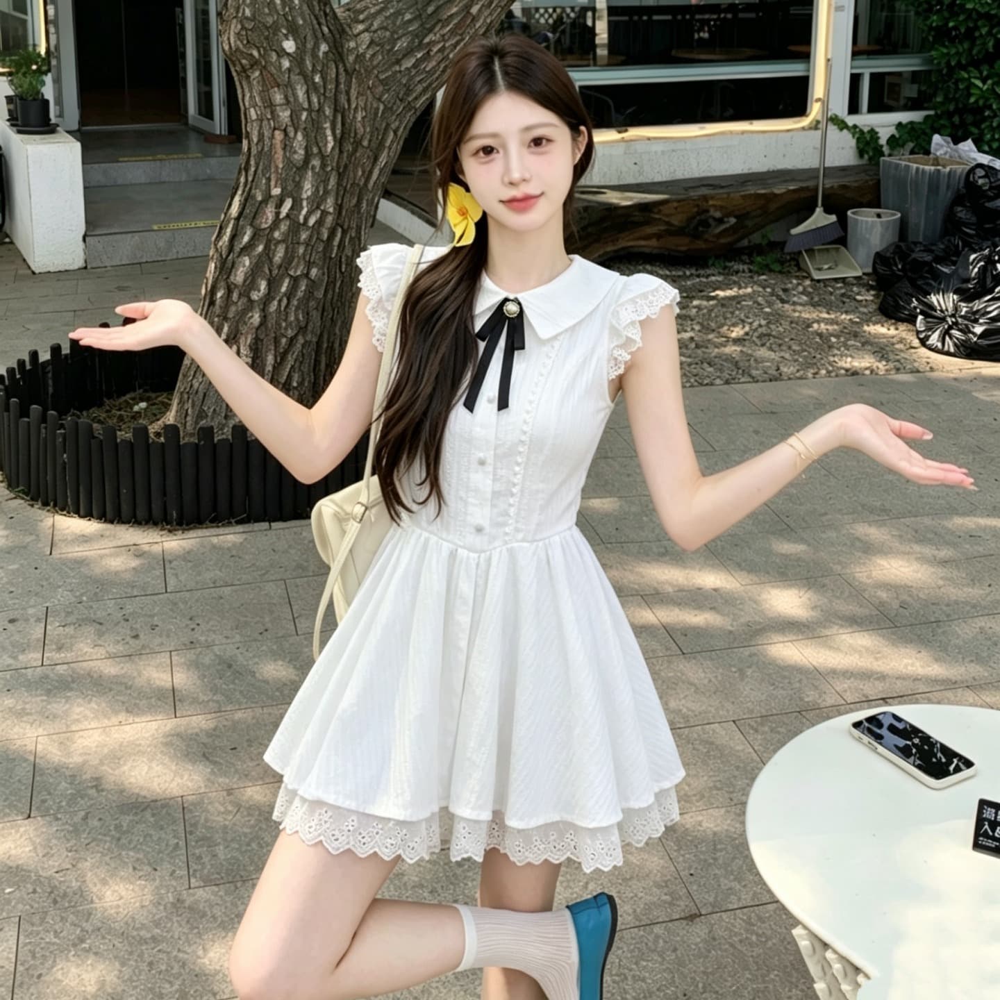 실사 정가 한국 스타일 화이트 색온도 부드러운 바람 여름 허리 수축 슬림해 보이는 레이스 조각 Feifei 소매 드레스 이미지 5