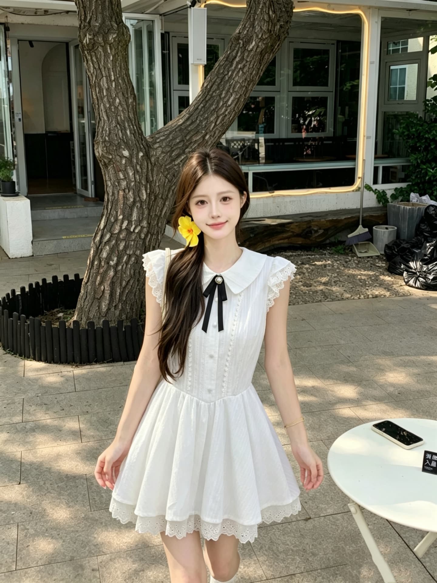 실사 정가 한국 스타일 화이트 색온도 부드러운 바람 여름 허리 수축 슬림해 보이는 레이스 조각 Feifei 소매 드레스 상세 이미지 3