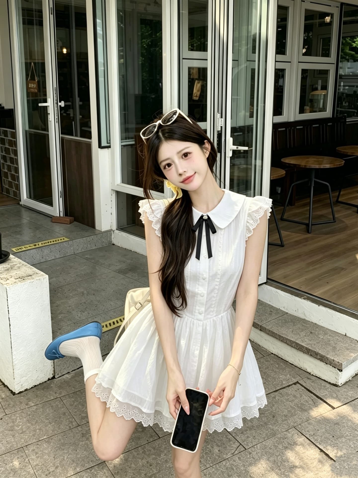 실사 정가 한국 스타일 화이트 색온도 부드러운 바람 여름 허리 수축 슬림해 보이는 레이스 조각 Feifei 소매 드레스 상세 이미지 4