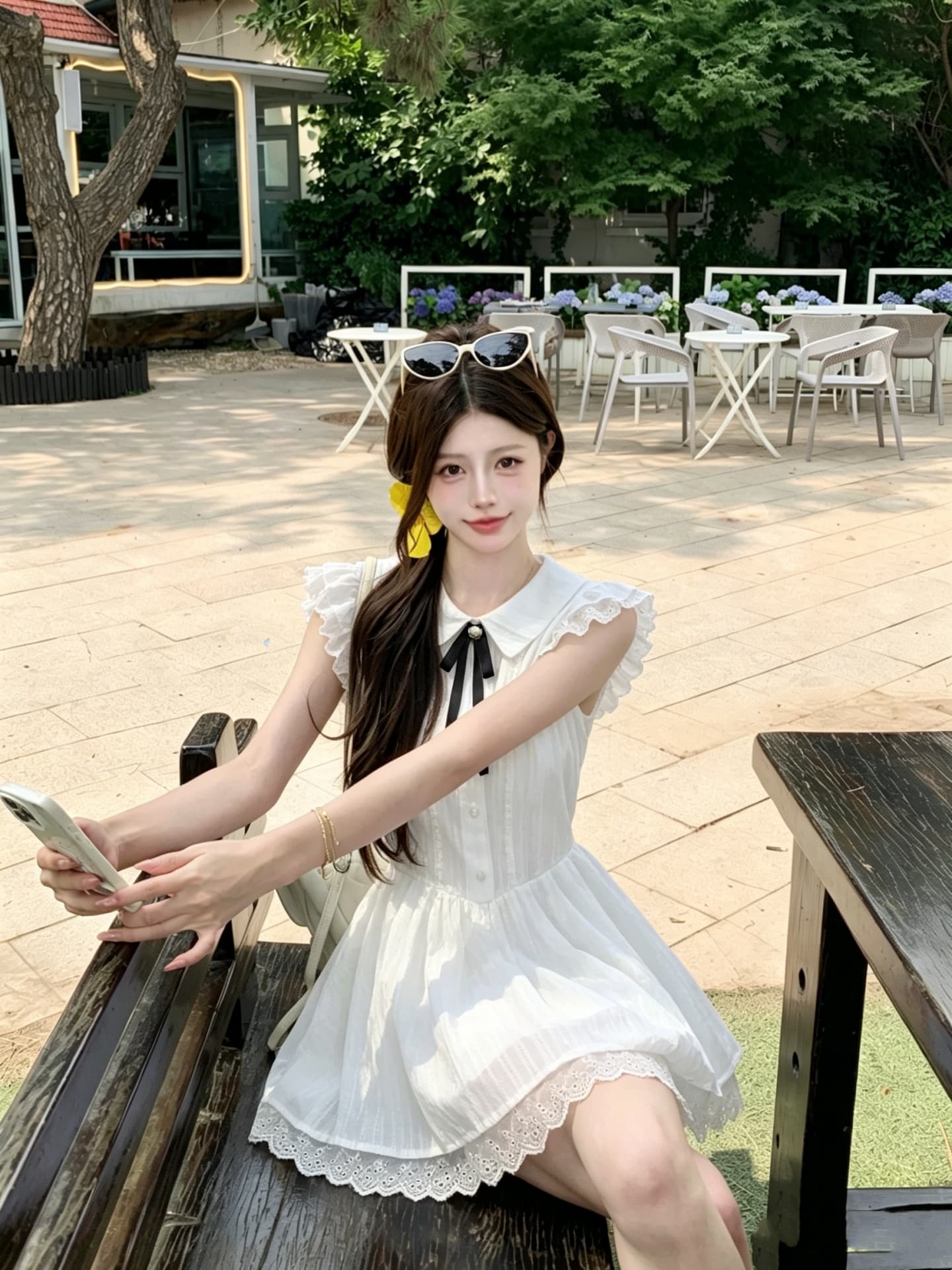 실사 정가 한국 스타일 화이트 색온도 부드러운 바람 여름 허리 수축 슬림해 보이는 레이스 조각 Feifei 소매 드레스 상세 이미지 6