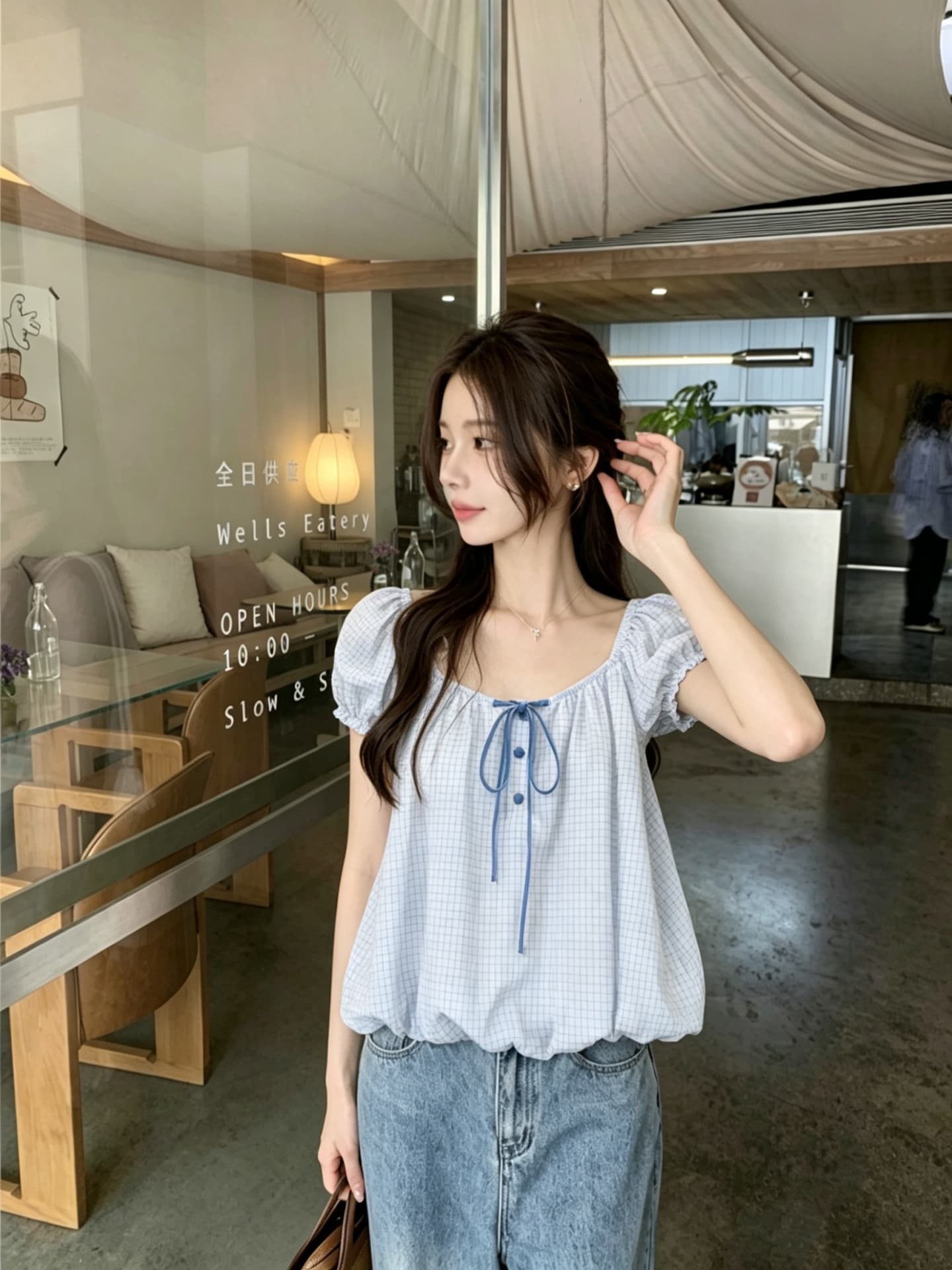 실사 정가 여름 작은 대중 디자인 센스 레이스업 거품 소매 꽃밭 맨위 상세 이미지 3