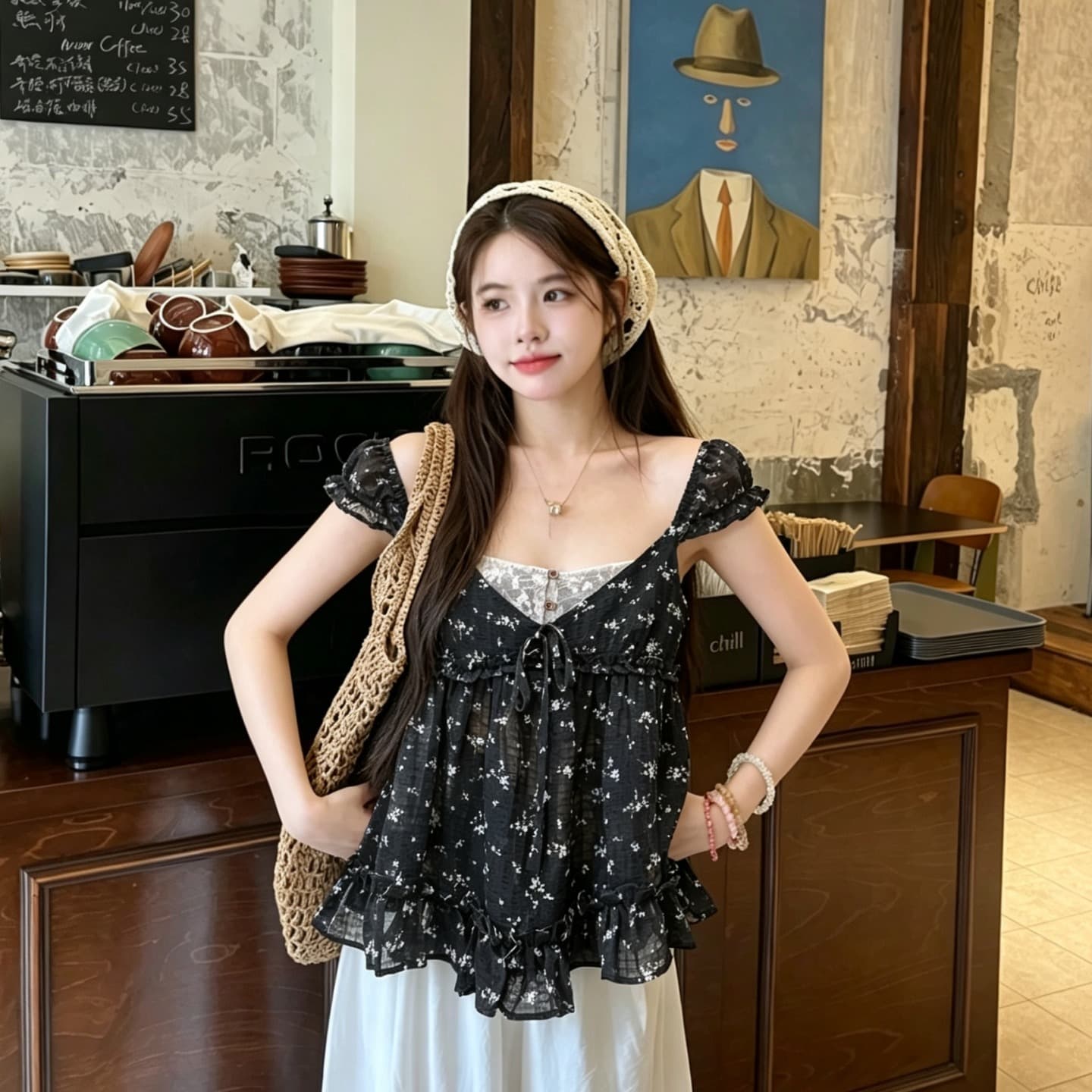 실사 정가 한 부서 꽃무늬 페이크 레이어드 프릴 인형 셔츠 Chic 작은 맨위 이미지 5