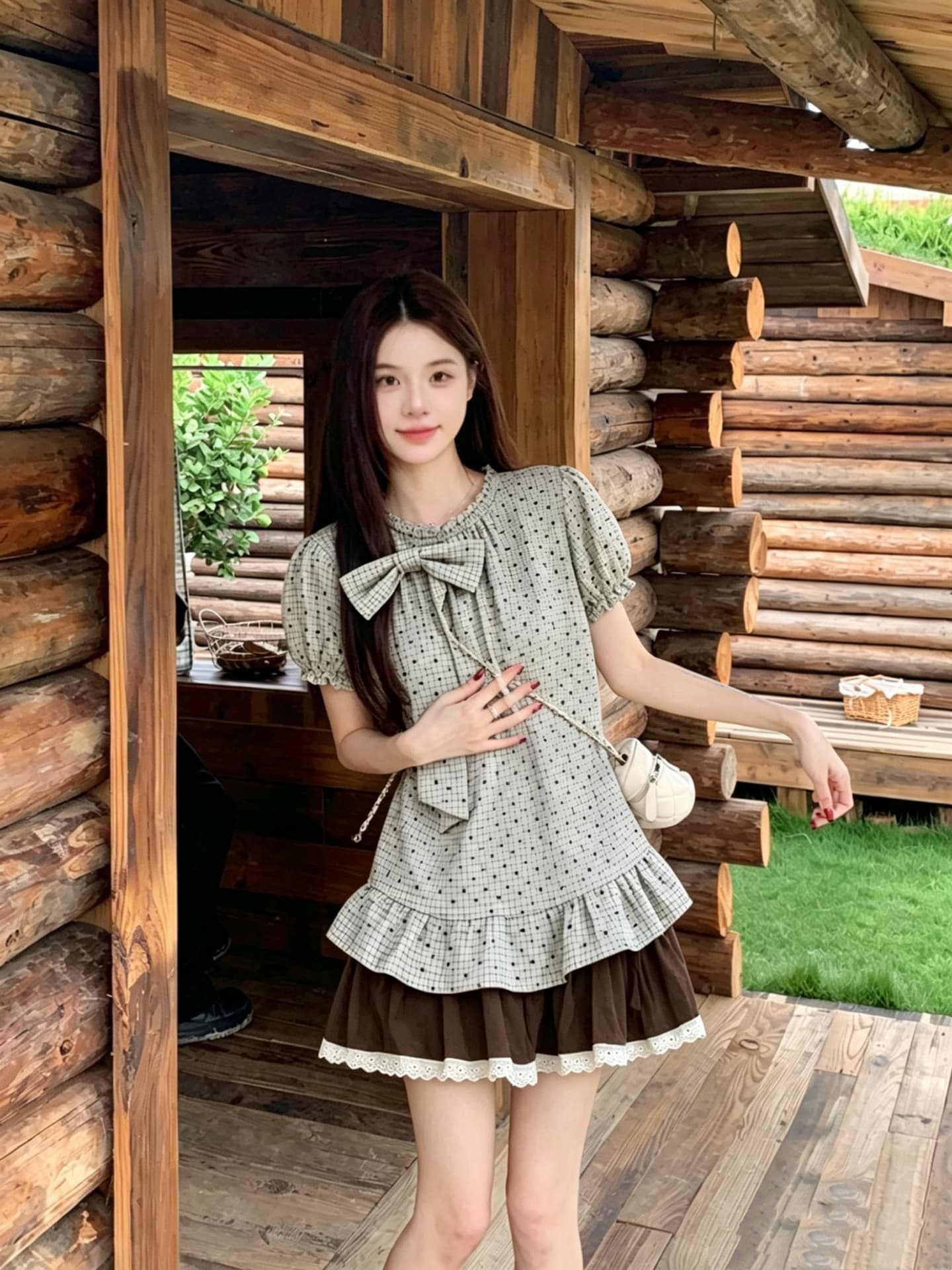 실사 정가 한 부서 나비 매듭 체크무늬 셔츠 맨위 하이웨이스트 짧은 치마 착용 가져 가라. 세트 투피스 세트 상세 이미지 7