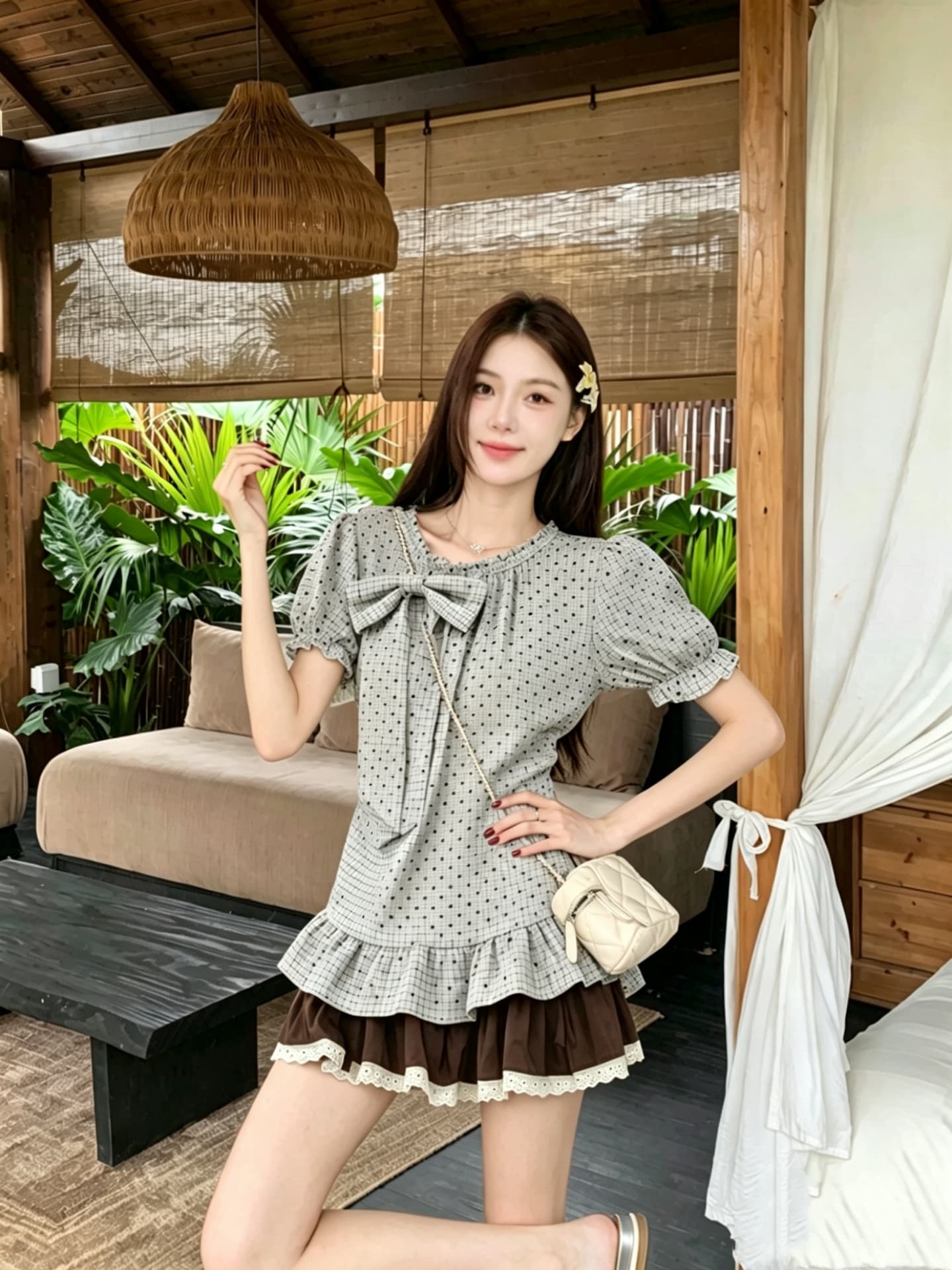실사 정가 한 부서 나비 매듭 체크무늬 셔츠 맨위 하이웨이스트 짧은 치마 착용 가져 가라. 세트 투피스 세트 상세 이미지 8