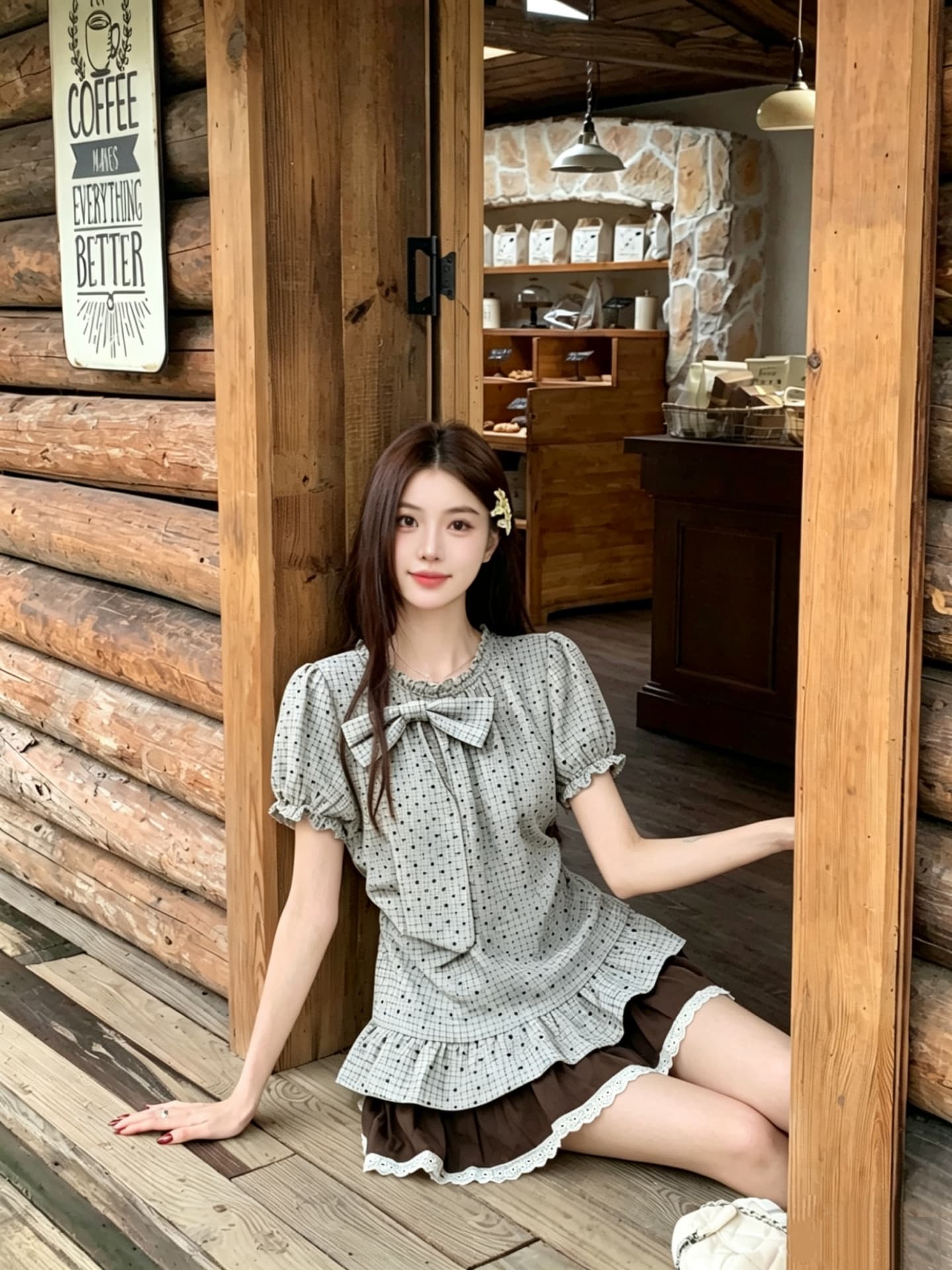 실사 정가 한 부서 나비 매듭 체크무늬 셔츠 맨위 하이웨이스트 짧은 치마 착용 가져 가라. 세트 투피스 세트 상세 이미지 9