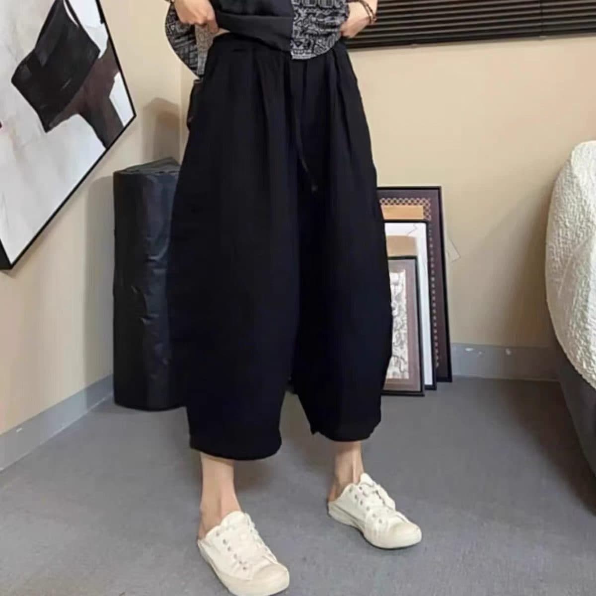 패션 캐주얼 작은 키 이중층 실 단색 다용도 허리밴드 캐주얼 하렘 바지 루즈핏 슬림해 보이는 무 바지 여성 상세 이미지 7