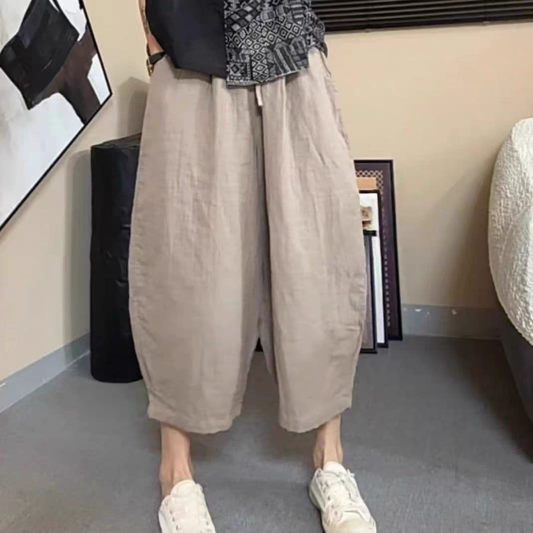 패션 캐주얼 작은 키 이중층 실 단색 다용도 허리밴드 캐주얼 하렘 바지 루즈핏 슬림해 보이는 무 바지 여성 상세 이미지 8