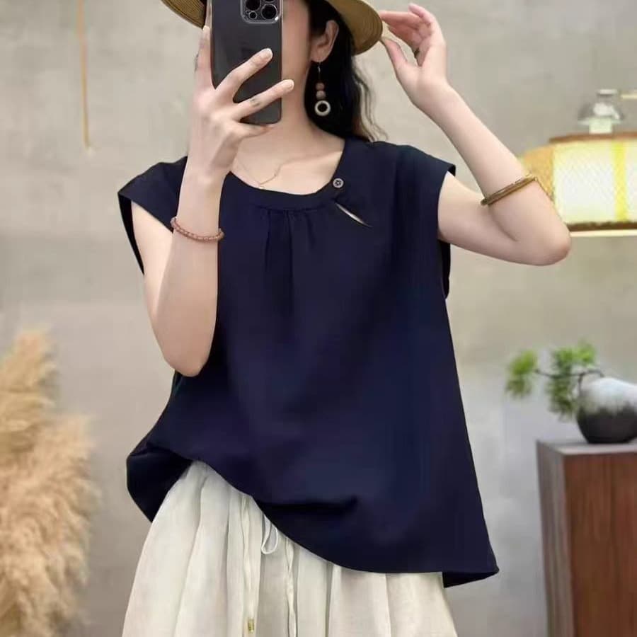 패션 디자인 센스 Feifei 소매 미니멀리즘 다용도 슬림해 보이는 품격 단색 풀오버 작은 셔츠 민소매 면사 티셔츠 맨위 이미지 5