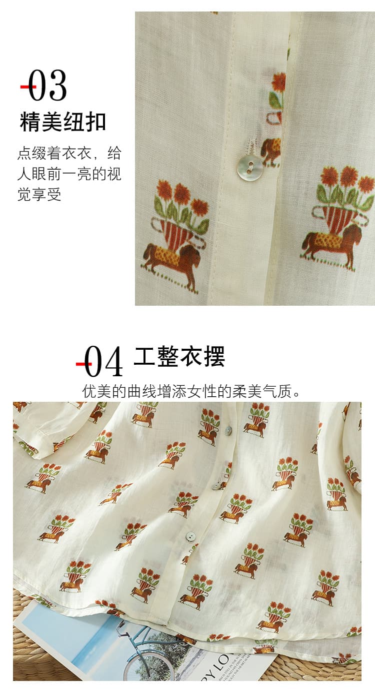 실사 26 여름 새로운 문예 레트로 품격 프린트 순면 캐주얼 다용도 루즈핏 폴로 칼라 반팔 꽃 셔츠 상세 이미지 6