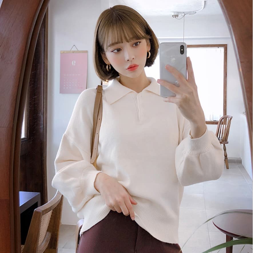 새로운 느긋한 바람 폴로 칼라 스웨터 한국 스타일 루즈핏 외국 가스 거품 소매 빅 사이즈 니트 스웨터 여성 의류 이미지 3