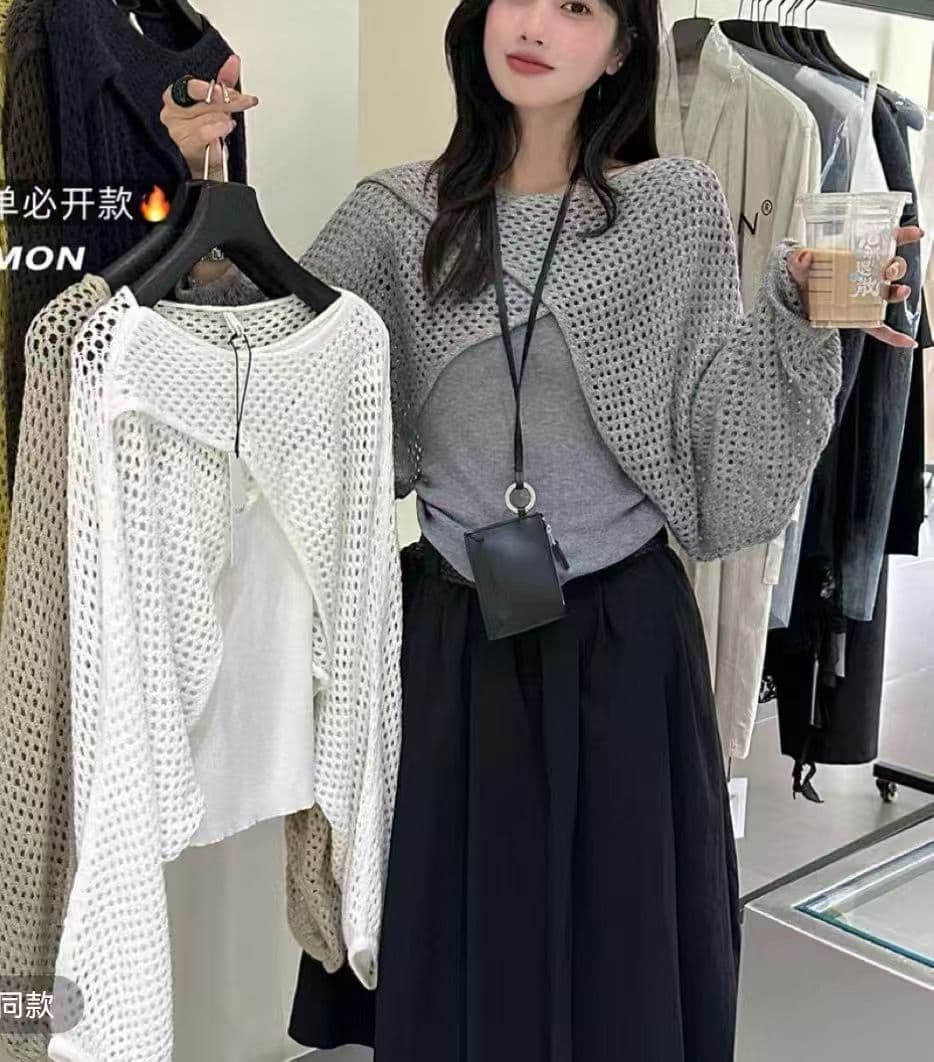 고급 센스 홀로우 아웃 다용도 긴팔 맨위 가을 섹션 작은 대중 품격 숄 니트 스웨터 슬림해 보이는 투피스 세트 표지 상세 이미지 7