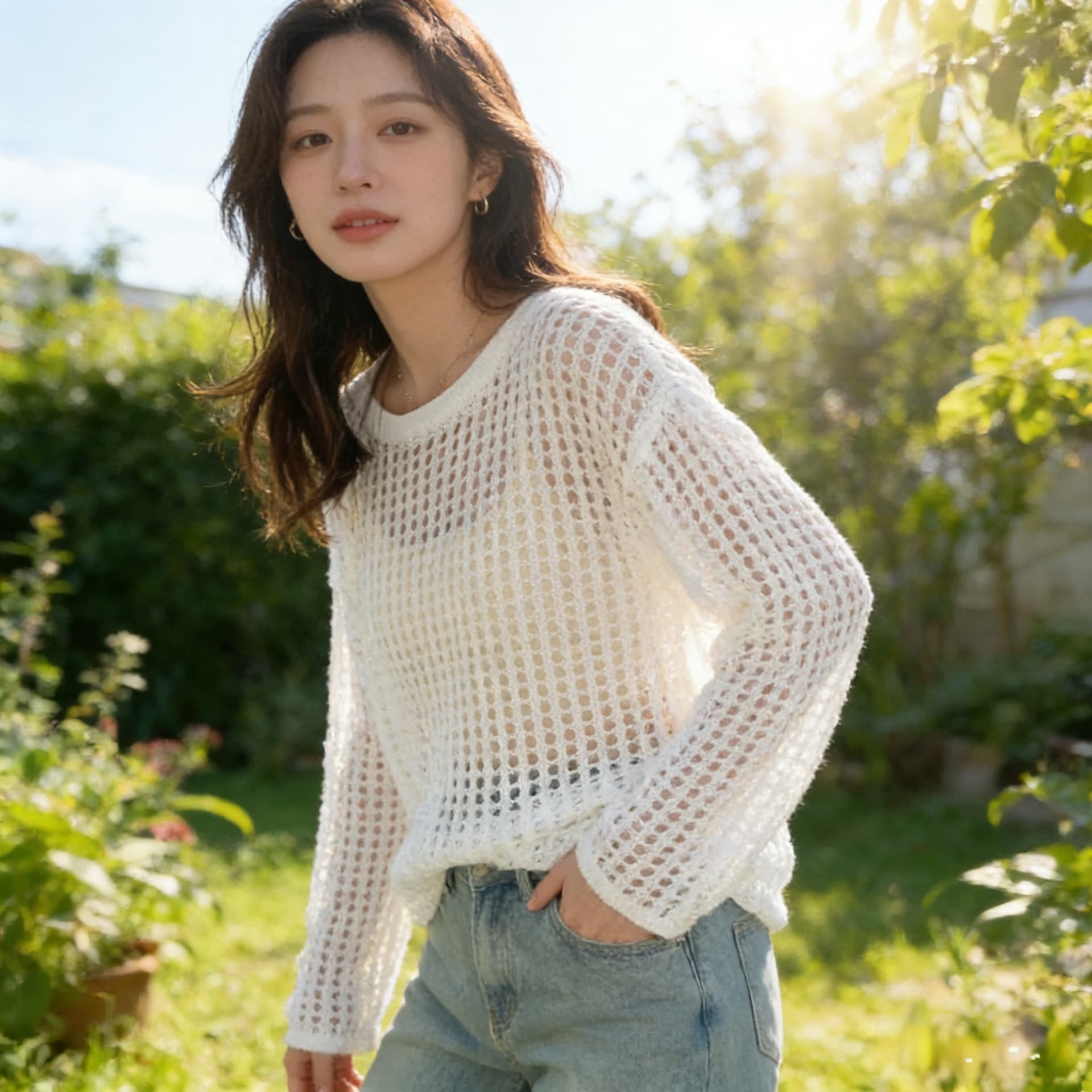 빅 사이즈 홀로우 아웃 긴팔 자외선 차단 니트 스웨터 여성 여름 얇은 스타일 블라우스 에어컨 셔츠 지방 mm 루즈핏 슬림해 보이는 맨위 이미지 4