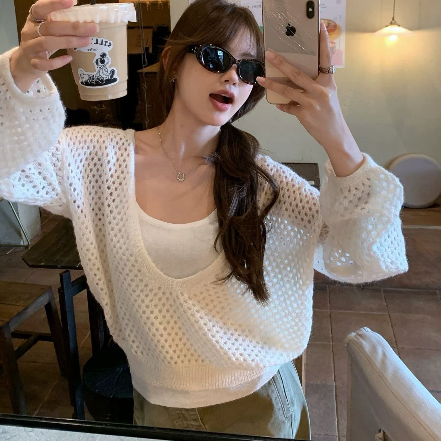 느긋한 부서 루즈핏 V넥 버블 䄂 쇼트 스타일 홀로우 아웃 니트 스웨터 니트 슬립 세트 이미지 2