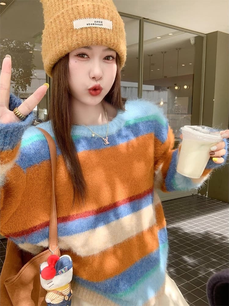 색상 스트라이프 라운드 넥 스웨터 여자 겨울 털이 많은 부드러운 찹쌀 연령 감소 두꺼운 니트 스웨터 맨위 상세 이미지 5