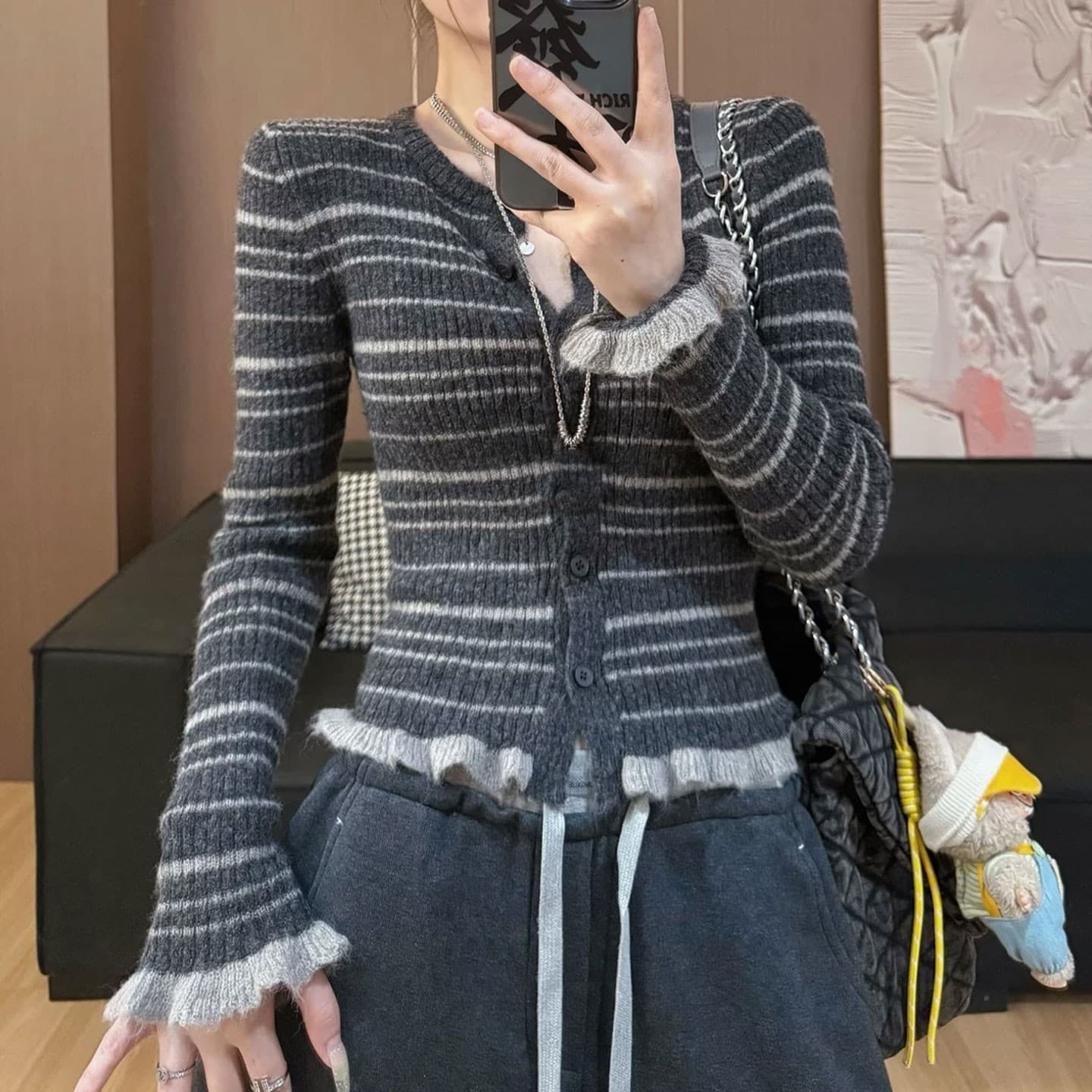 가을 새로운 한국 스타일 패션 다용도 라운드 넥 모헤어 스트라이프 니트 오픈 가디건 여성 스웨터 코트