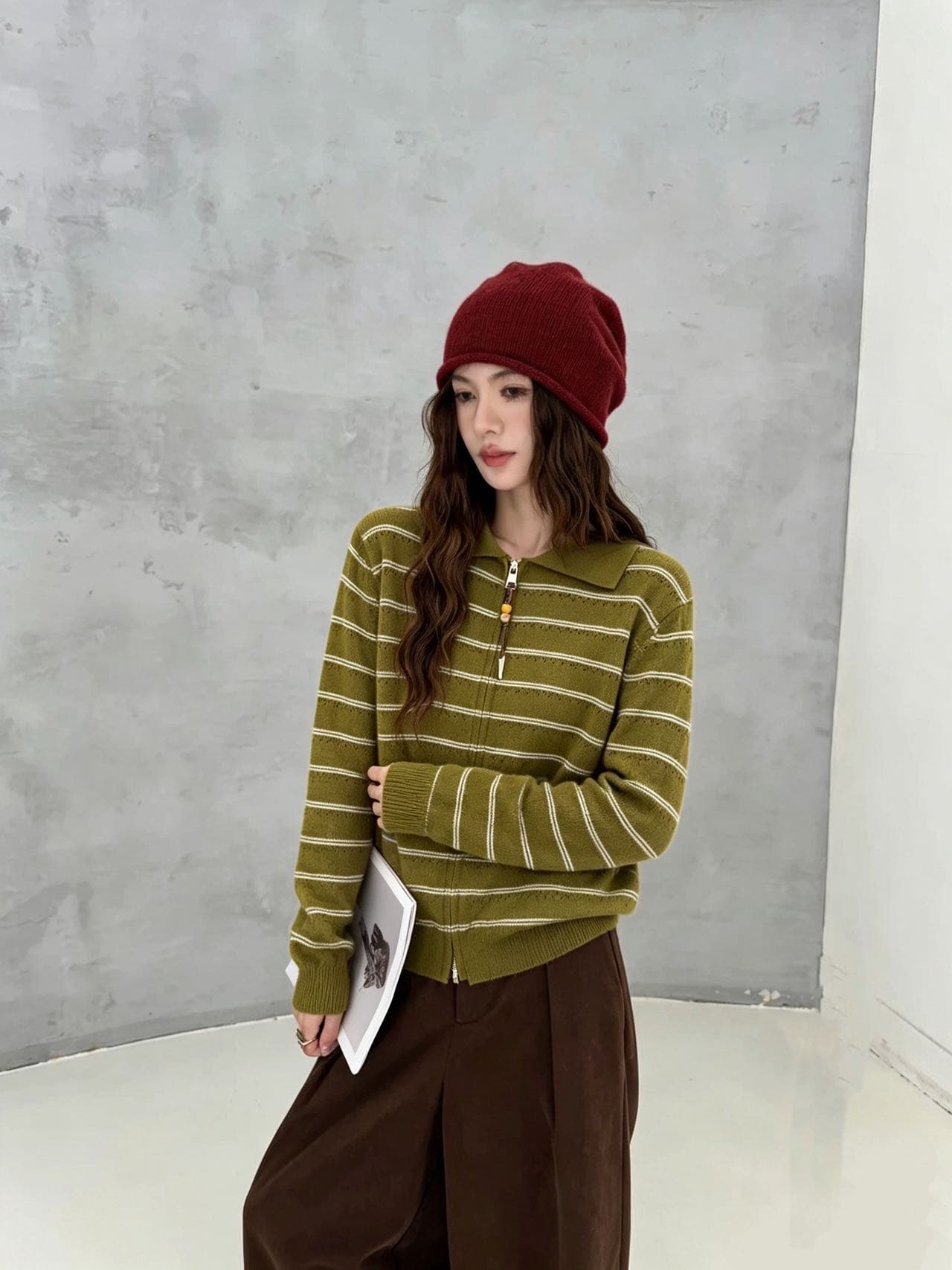 POLO 칼라 스트라이프 오픈 가디건 지퍼 스웨터 여자 가을 겨울 한 부서 새로운 품격 다용도 슬림해 보이는 루즈핏 맨위 상세 이미지 4