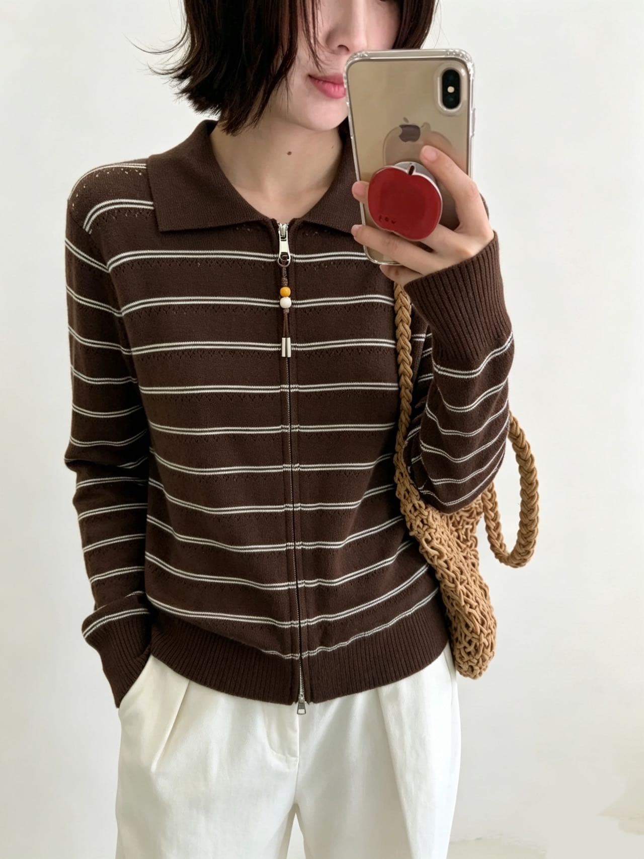 POLO 칼라 스트라이프 오픈 가디건 지퍼 스웨터 여자 가을 겨울 한 부서 새로운 품격 다용도 슬림해 보이는 루즈핏 맨위 상세 이미지 9