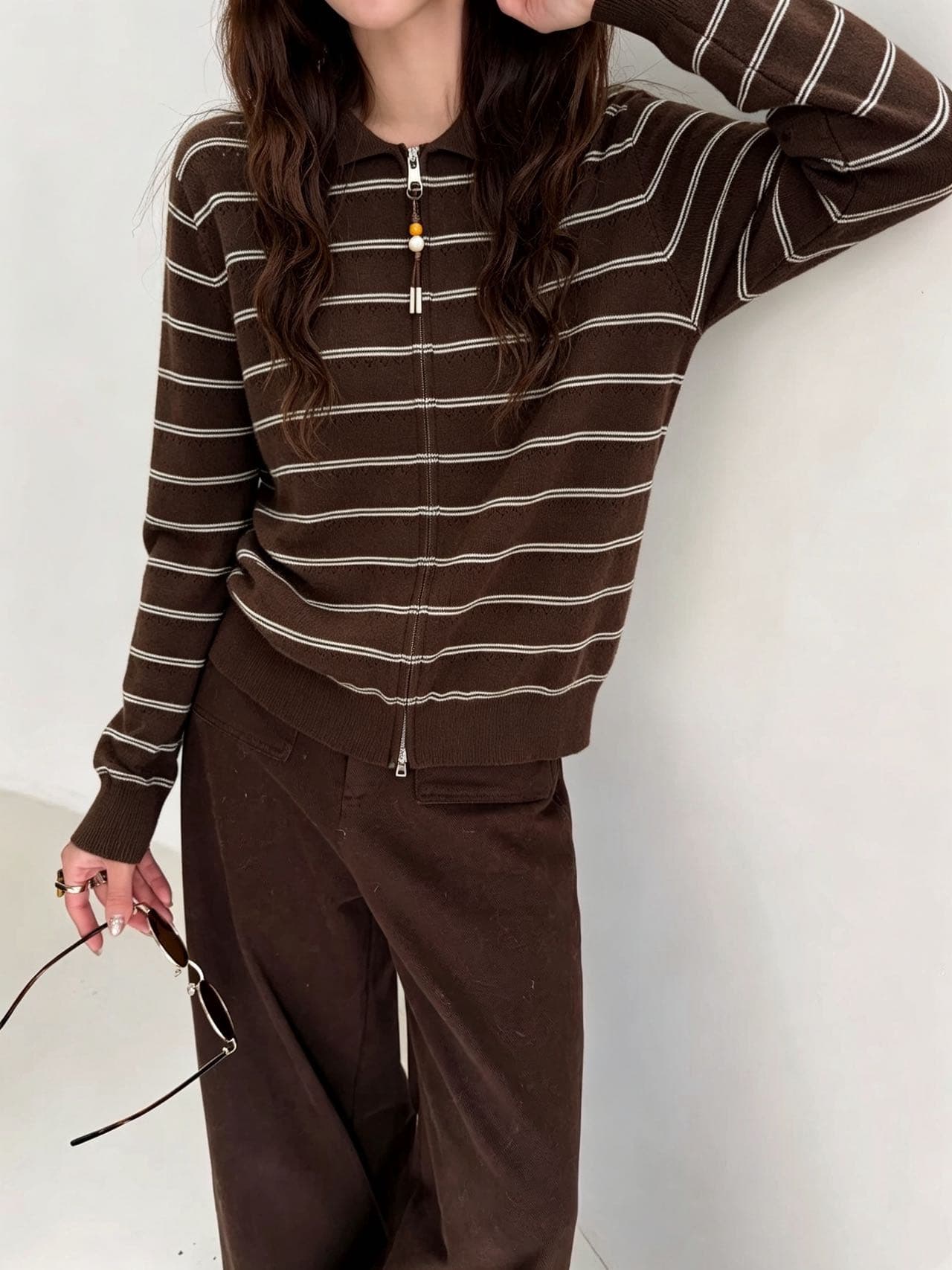 POLO 칼라 스트라이프 오픈 가디건 지퍼 스웨터 여자 가을 겨울 한 부서 새로운 품격 다용도 슬림해 보이는 루즈핏 맨위 상세 이미지 10