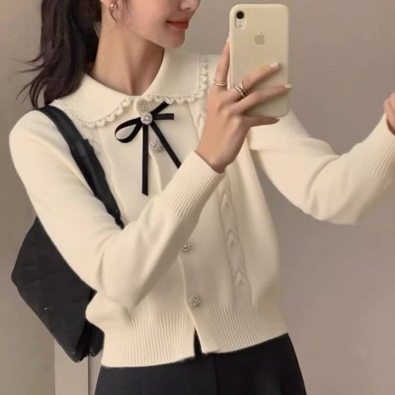 가을 새로운 베이비 칼라 니트 스웨터 여성 레이스 나비 매듭 고급 프랑스식 맨위 상세 이미지 2