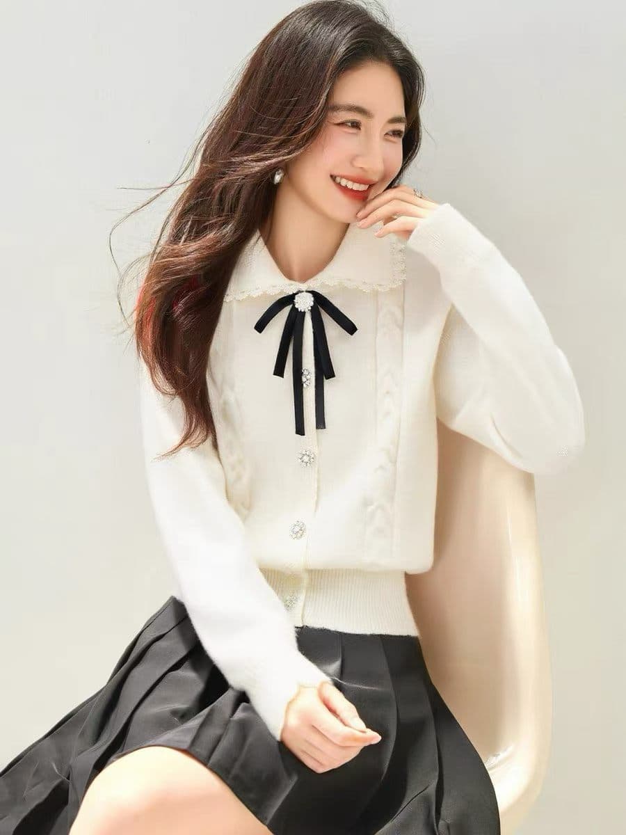 가을 새로운 베이비 칼라 니트 스웨터 여성 레이스 나비 매듭 고급 프랑스식 맨위 상세 이미지 4