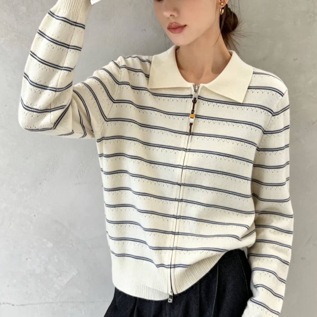 POLO 칼라 스트라이프 오픈 가디건 지퍼 스웨터 여자 가을 겨울 한 부서 새로운 품격 다용도 슬림해 보이는 루즈핏 맨위