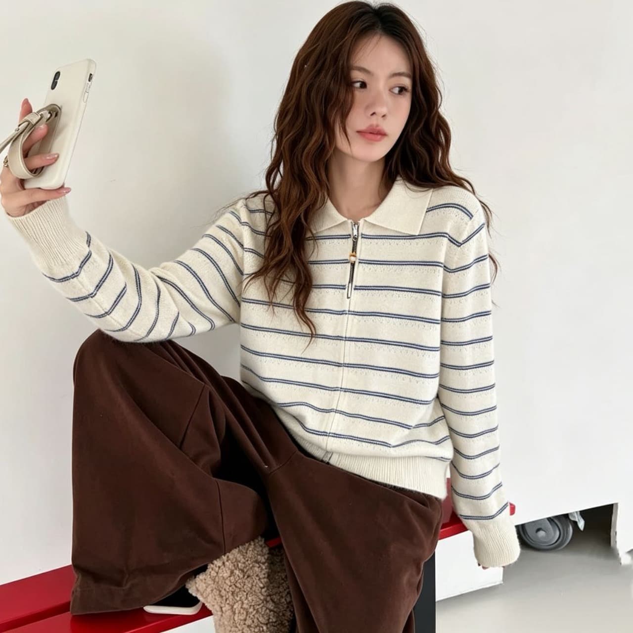 POLO 칼라 스트라이프 오픈 가디건 지퍼 스웨터 여자 가을 겨울 한 부서 새로운 품격 다용도 슬림해 보이는 루즈핏 맨위 이미지 2
