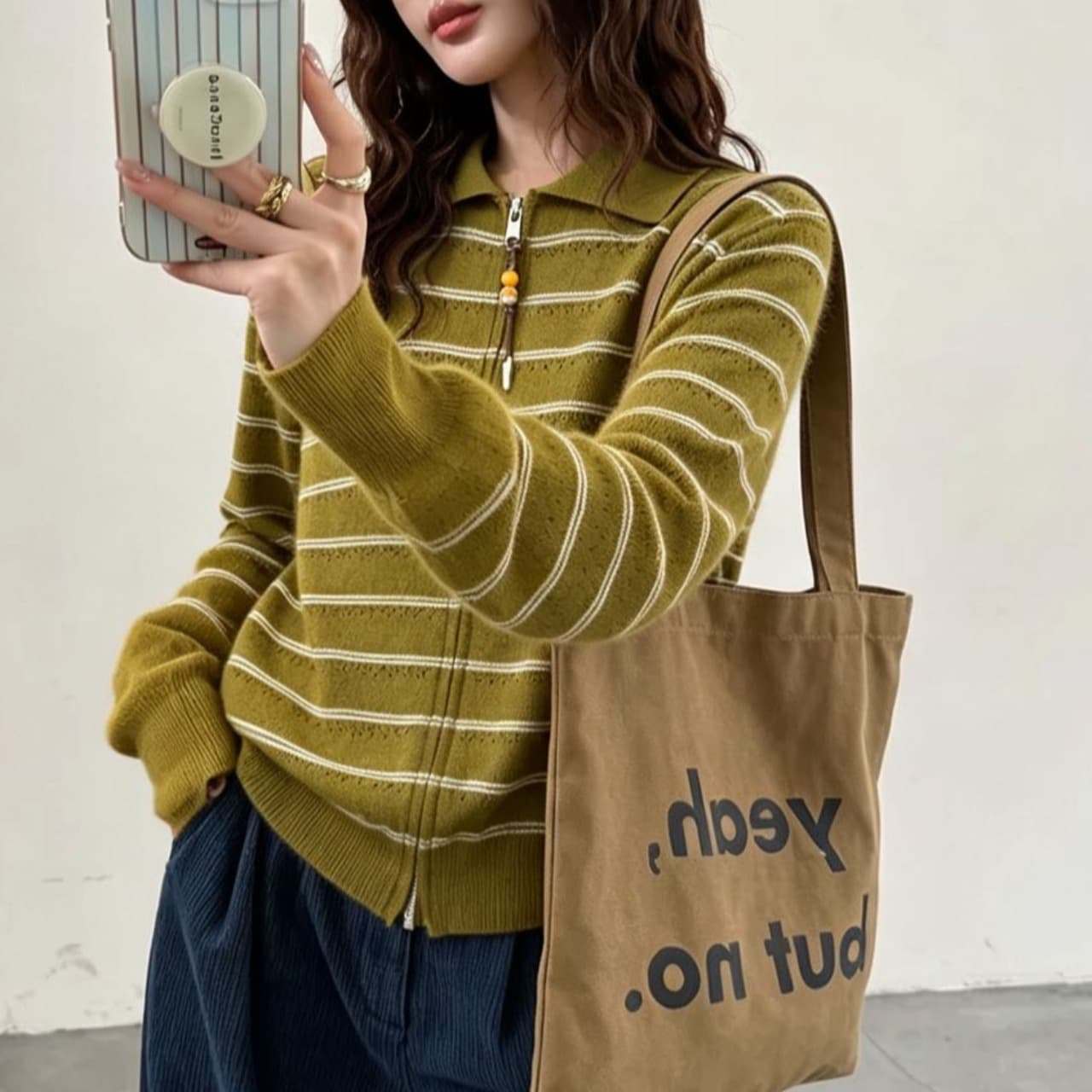 POLO 칼라 스트라이프 오픈 가디건 지퍼 스웨터 여자 가을 겨울 한 부서 새로운 품격 다용도 슬림해 보이는 루즈핏 맨위 이미지 3