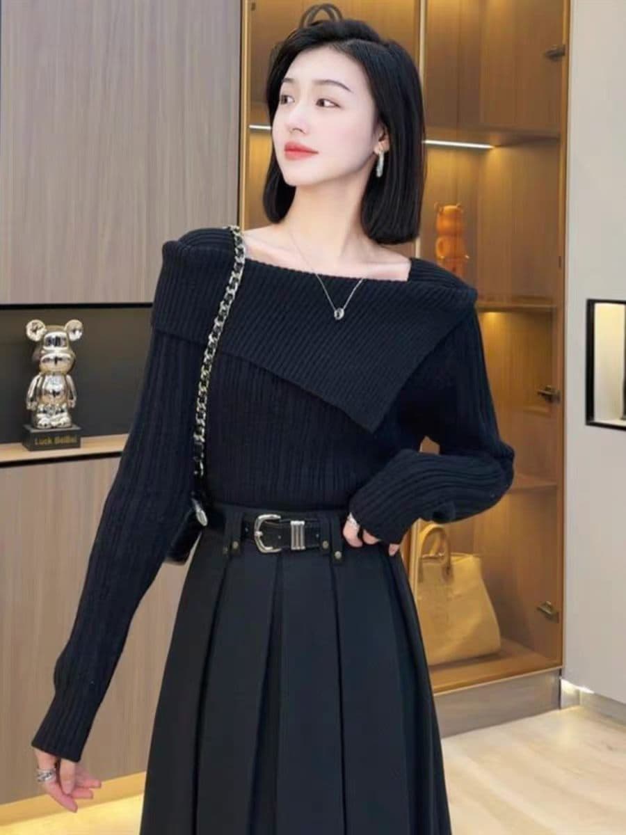 한 부서 착용 가져 가라. 작은 샤넬 스타일 품격 명문 여성 스웨터 보트넥 몸매 가꾸기 맨위 니트 스웨터 여자 가을 상세 이미지 3