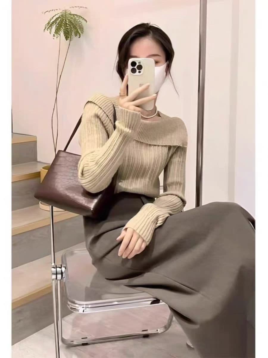 한 부서 착용 가져 가라. 작은 샤넬 스타일 품격 명문 여성 스웨터 보트넥 몸매 가꾸기 맨위 니트 스웨터 여자 가을 상세 이미지 4