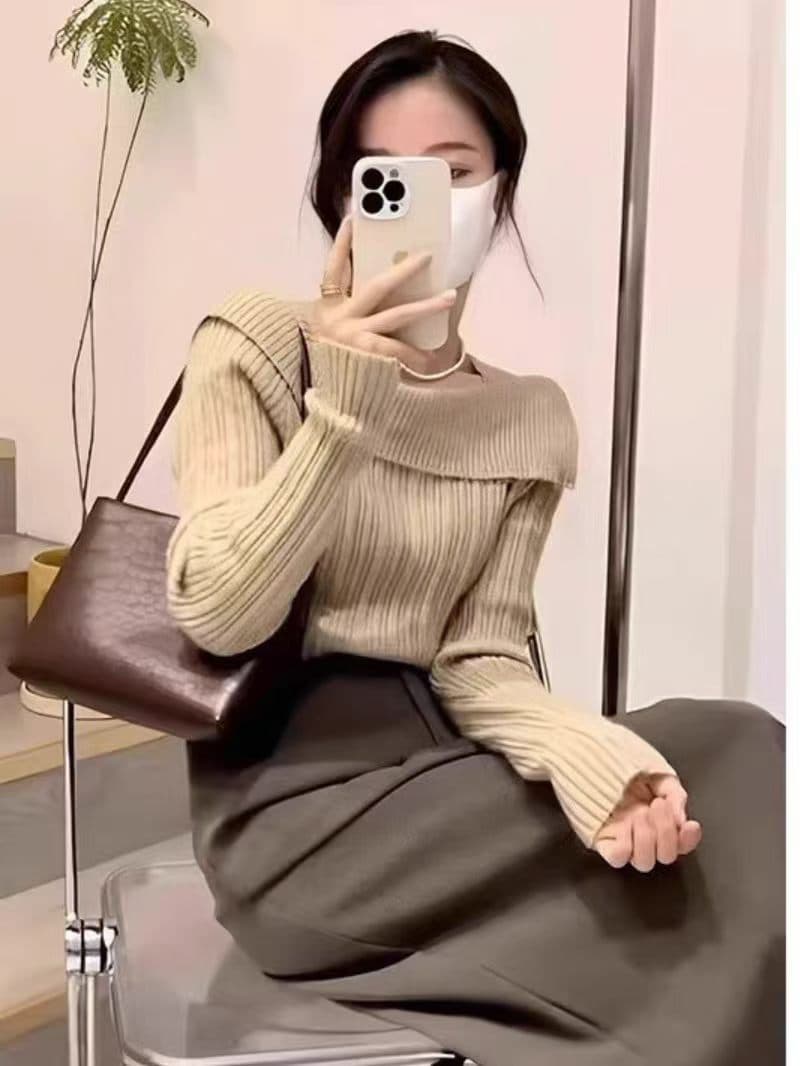 한 부서 착용 가져 가라. 작은 샤넬 스타일 품격 명문 여성 스웨터 보트넥 몸매 가꾸기 맨위 니트 스웨터 여자 가을 상세 이미지 7
