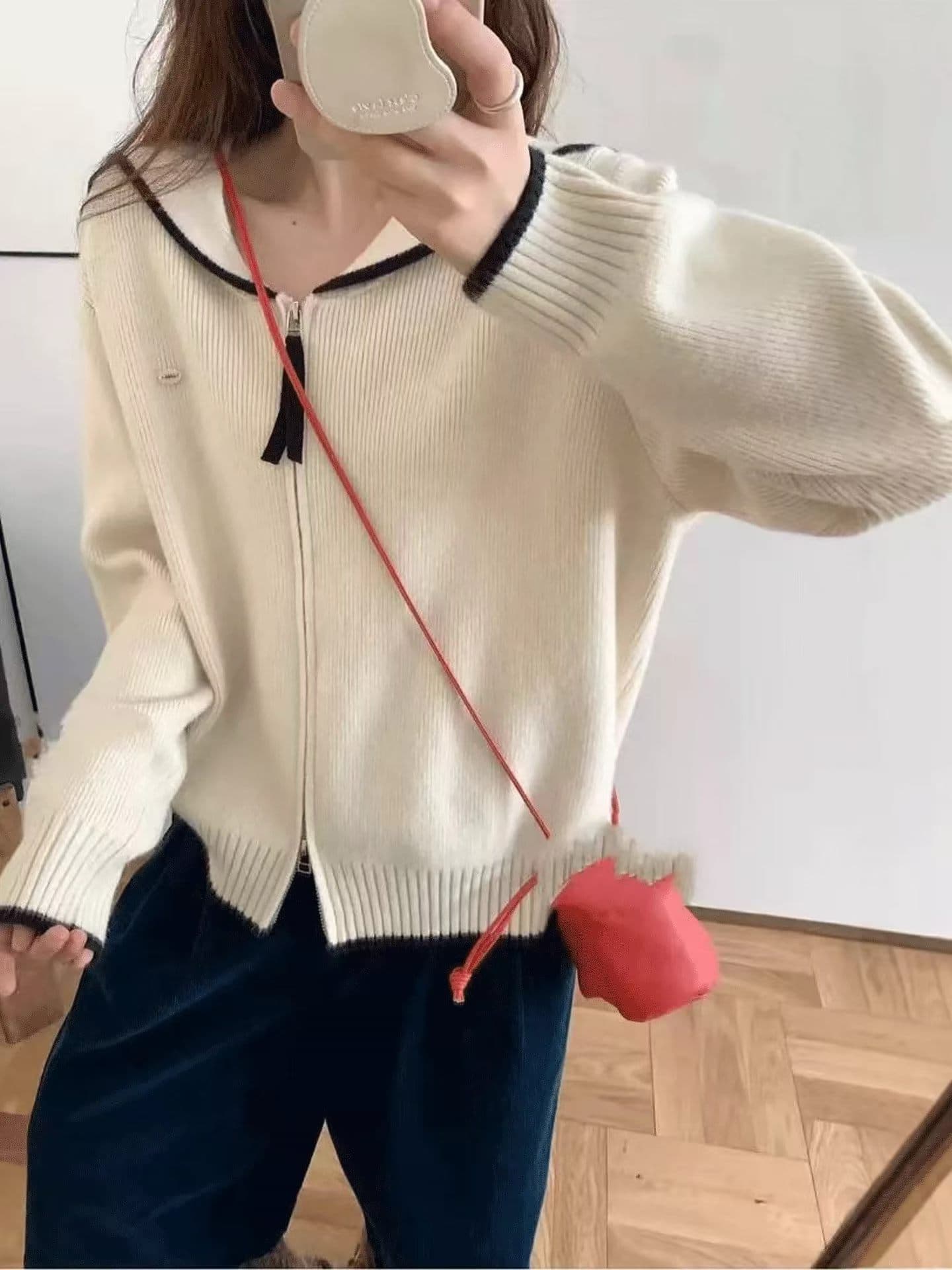 가을 의상 새로운 여성 한국 스타일 루즈핏 패션 달콤함 해군 칼라 오픈 가디건 다용도 캐주얼 스웨터 코트 맨위 상세 이미지 1