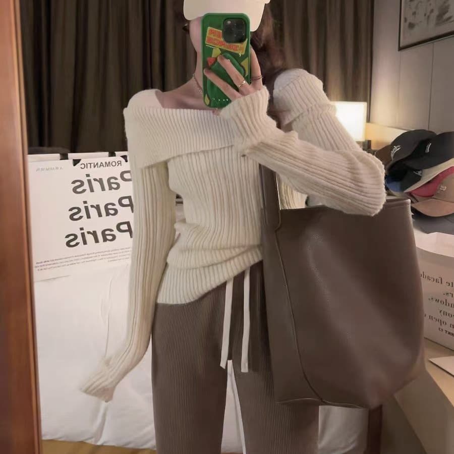 한 부서 착용 가져 가라. 작은 샤넬 스타일 품격 명문 여성 스웨터 보트넥 몸매 가꾸기 맨위 니트 스웨터 여자 가을 이미지 4