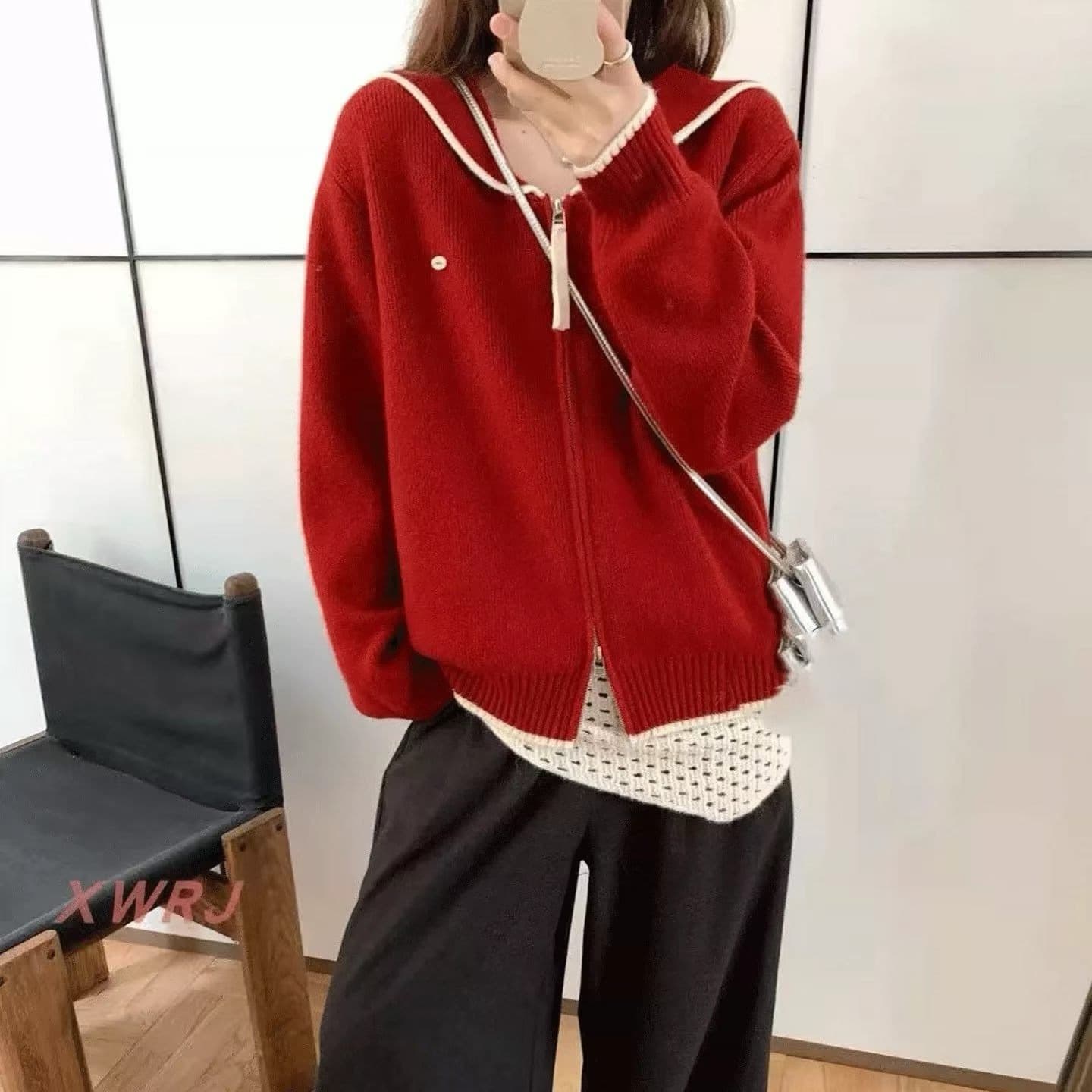 가을 의상 새로운 여성 한국 스타일 루즈핏 패션 달콤함 해군 칼라 오픈 가디건 다용도 캐주얼 스웨터 코트 맨위 이미지 3