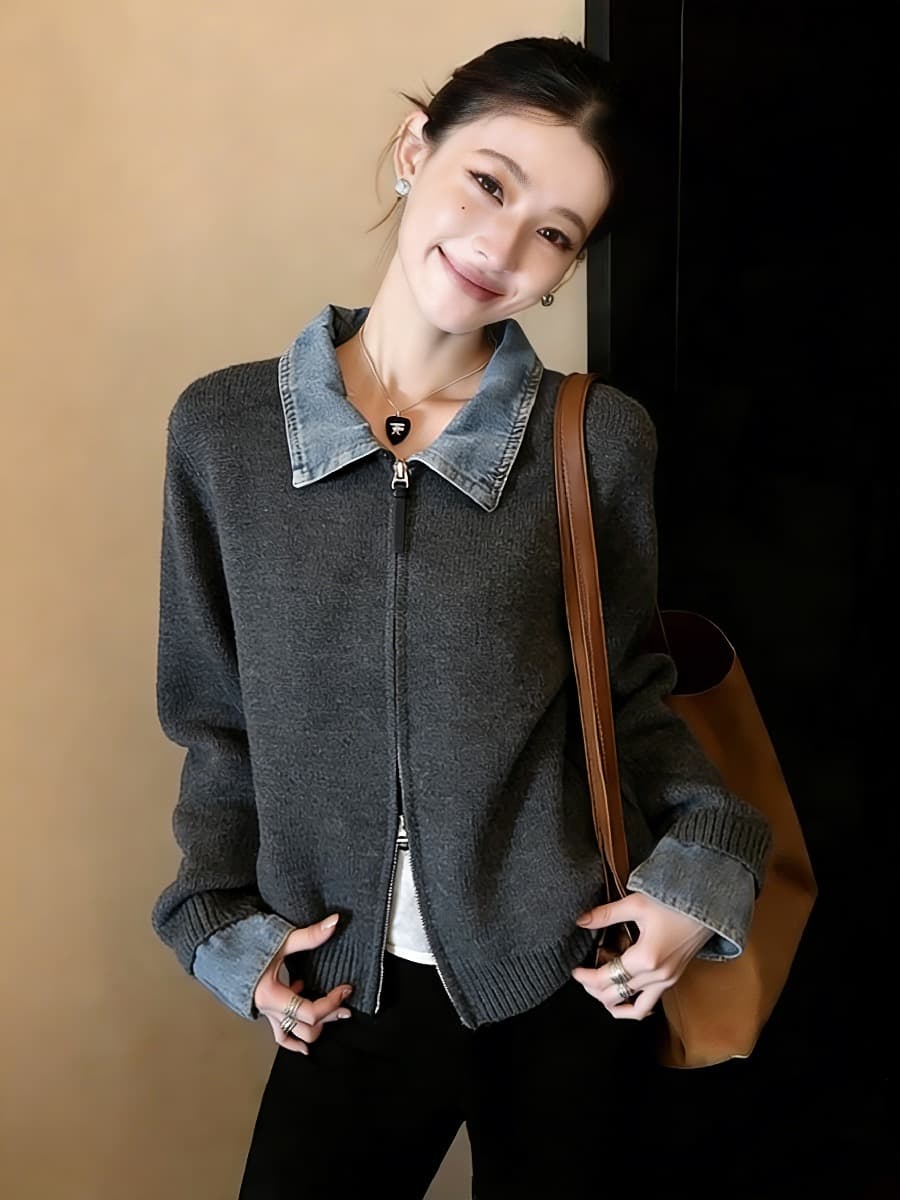 새로운 한국 스타일 패션 다용도 루즈핏 캐주얼 폴로 칼라 데님 칼라 패치워크 색상 니트 스웨터 맨위 스웨터 여성 코트 상세 이미지 3
