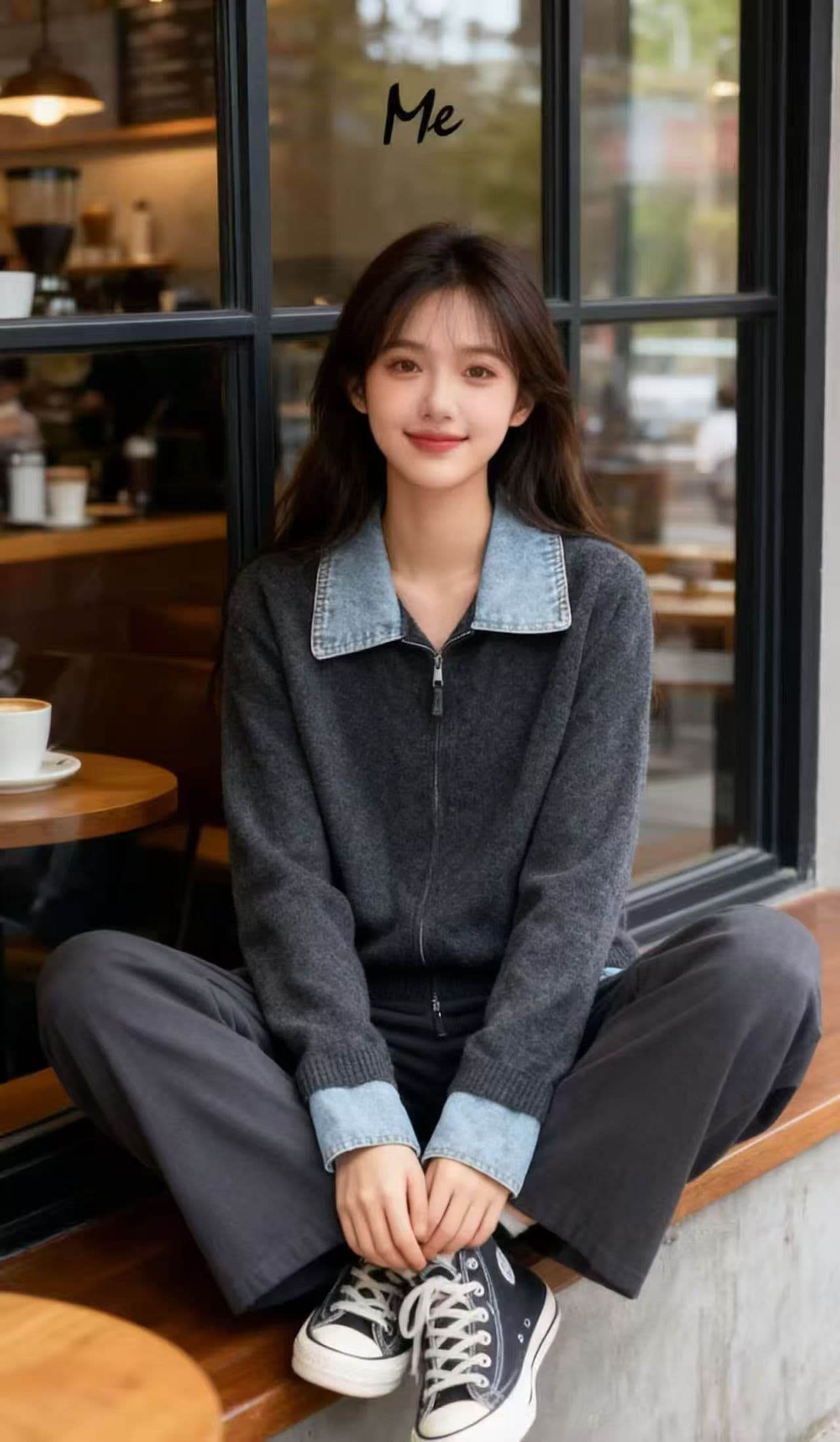 새로운 한국 스타일 패션 다용도 루즈핏 캐주얼 폴로 칼라 데님 칼라 패치워크 색상 니트 스웨터 맨위 스웨터 여성 코트 상세 이미지 5