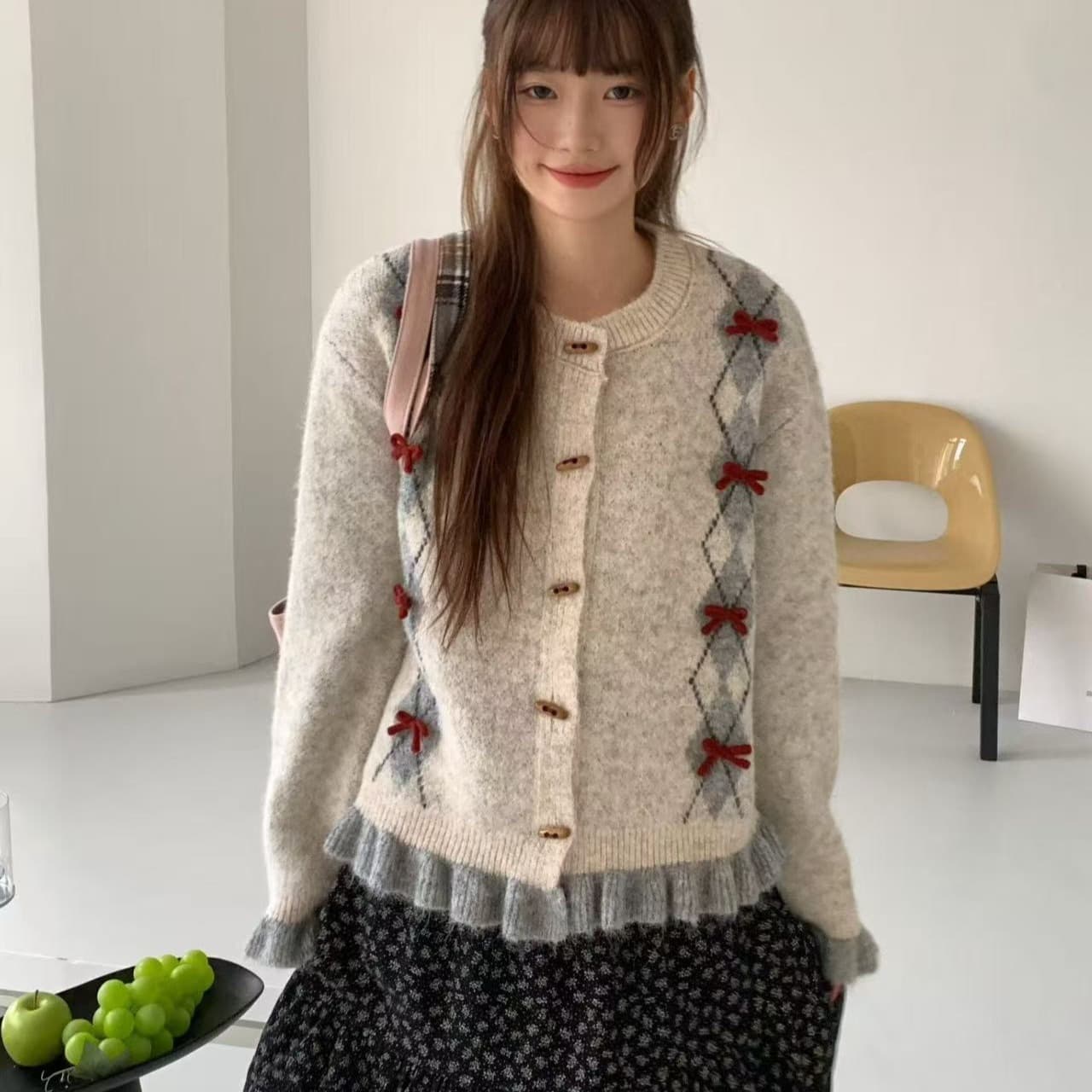 한 부서 레트로 나비 매듭 링 그리드 레이스 싱글 줄 버튼 다용도 라운드 넥 스웨터 오픈 가디건 여성 가을 겨울 외출용