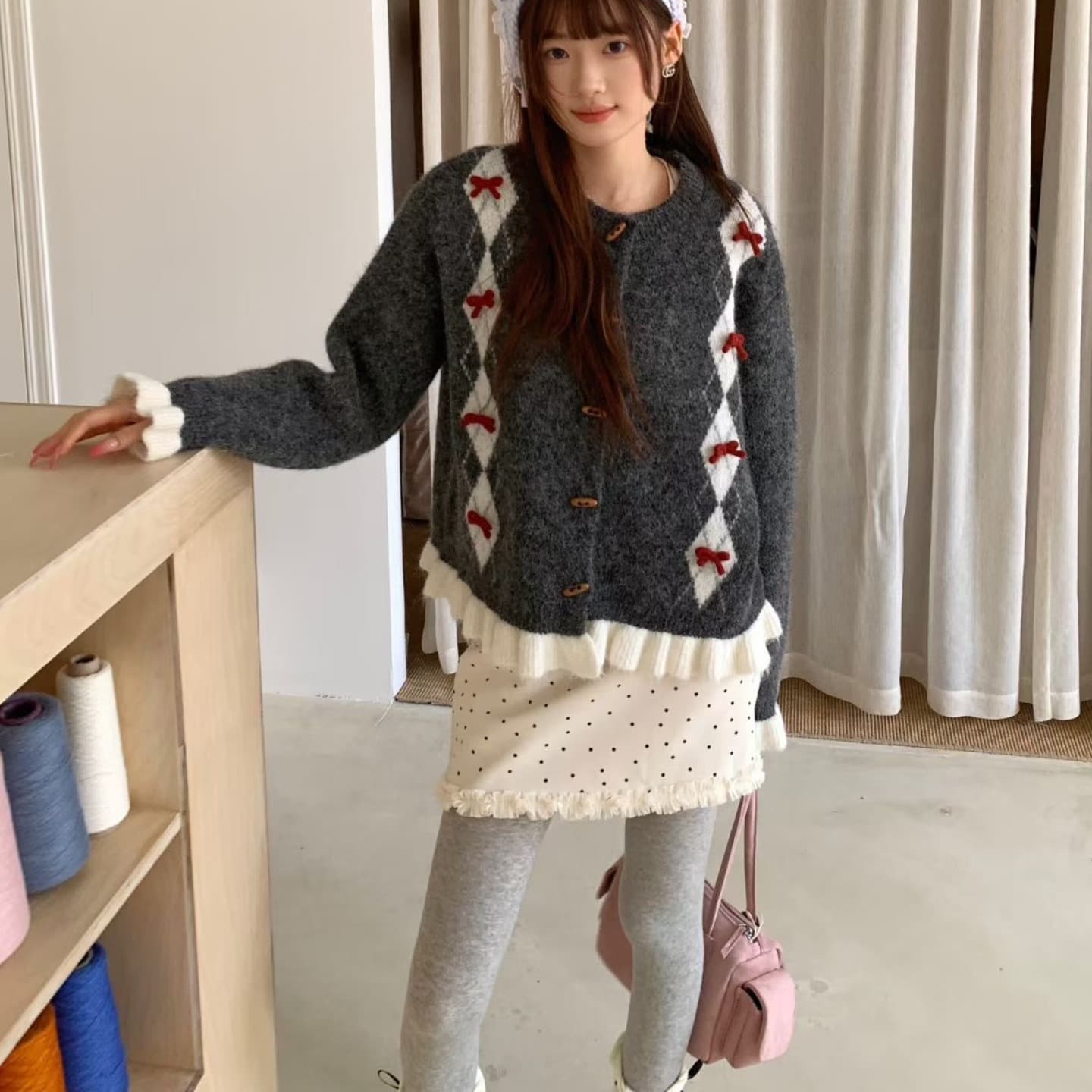 한 부서 레트로 나비 매듭 링 그리드 레이스 싱글 줄 버튼 다용도 라운드 넥 스웨터 오픈 가디건 여성 가을 겨울 외출용 이미지 2