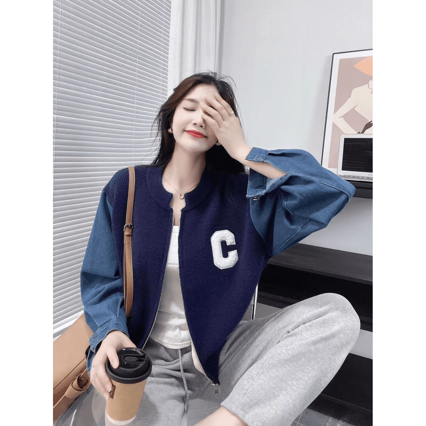 한 부서 패치워크 니트 오픈 가디건 스웨터 여자 가을 겨울철 디자인 센스 ins 지퍼 배색 데님 소매 재킷 이미지 5