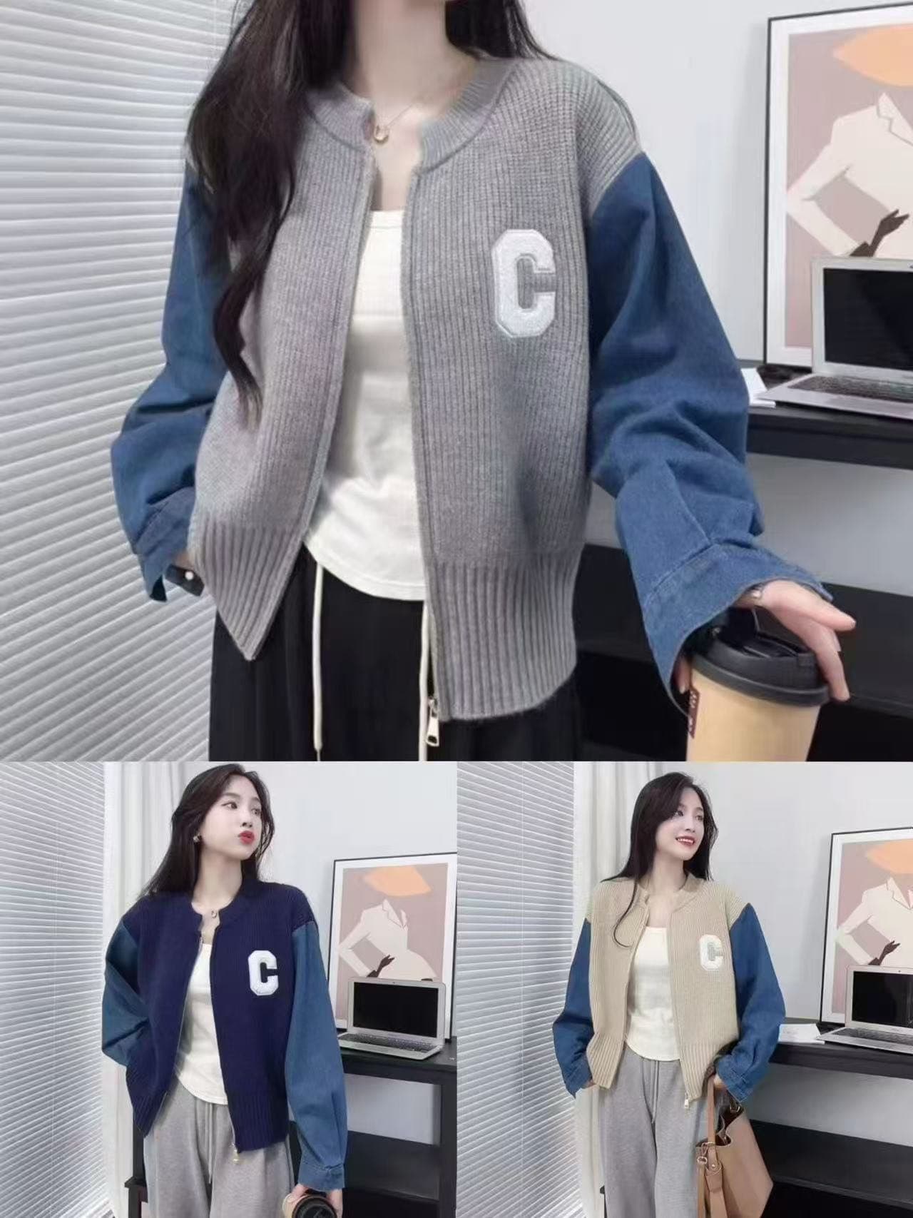 한 부서 패치워크 니트 오픈 가디건 스웨터 여자 가을 겨울철 디자인 센스 ins 지퍼 배색 데님 소매 재킷 상세 이미지 1