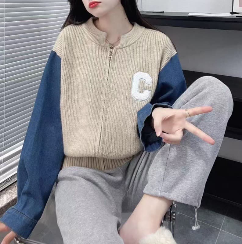 한 부서 패치워크 니트 오픈 가디건 스웨터 여자 가을 겨울철 디자인 센스 ins 지퍼 배색 데님 소매 재킷 상세 이미지 9