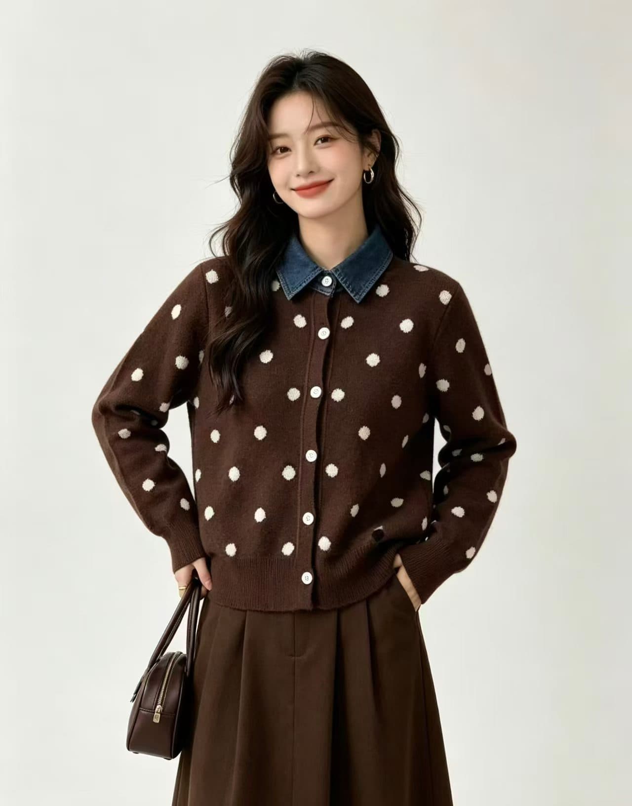 한 부서 레트로 도트 무늬 페이크 레이어드 데님 패치워크 POLO 칼라 패션 니트 스웨터 부드러운 찹쌀 연령 감소 스웨터 여성 코트